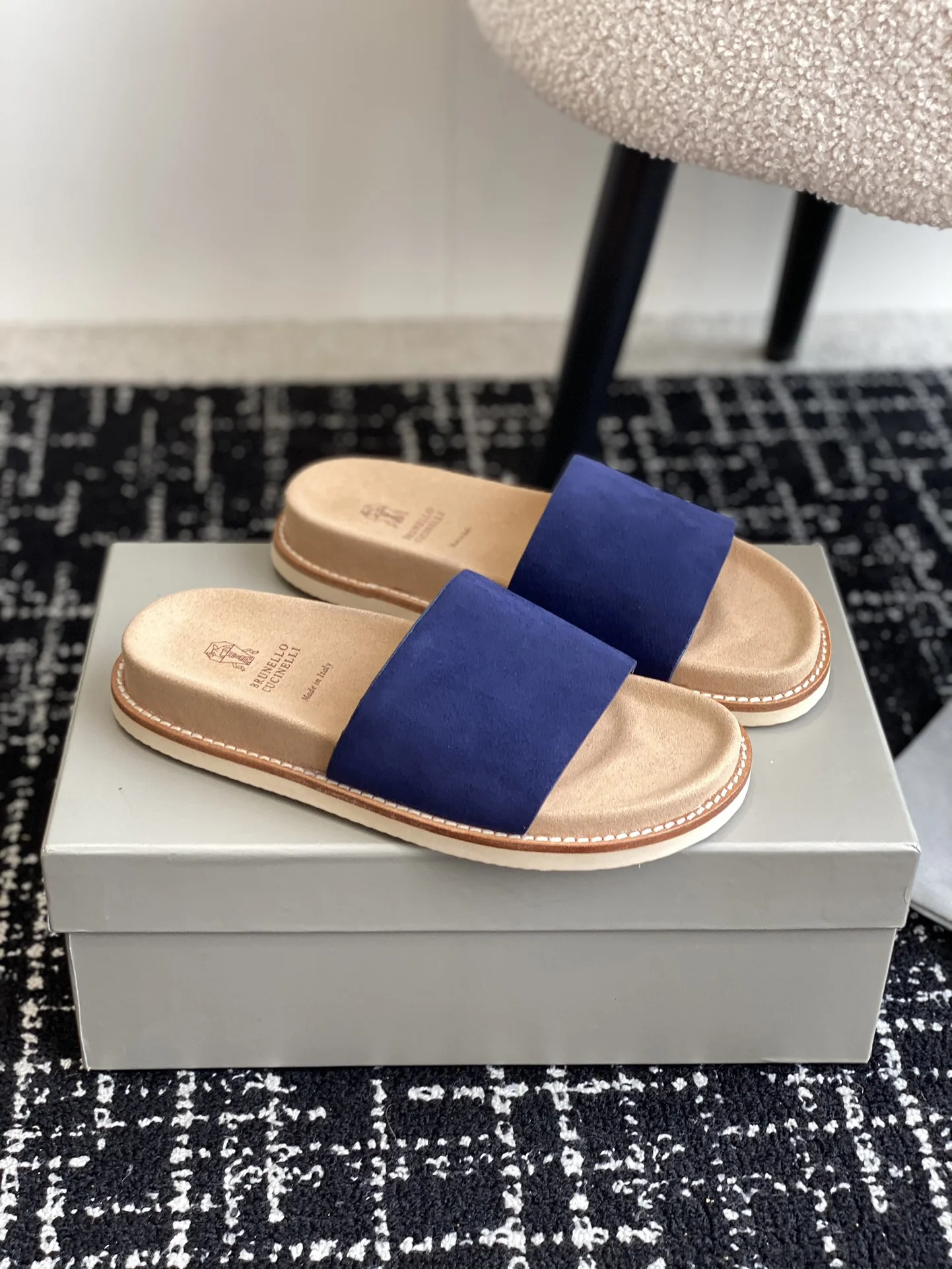 Brunello Cucinelli Blue Suede Leather Slide Sandals