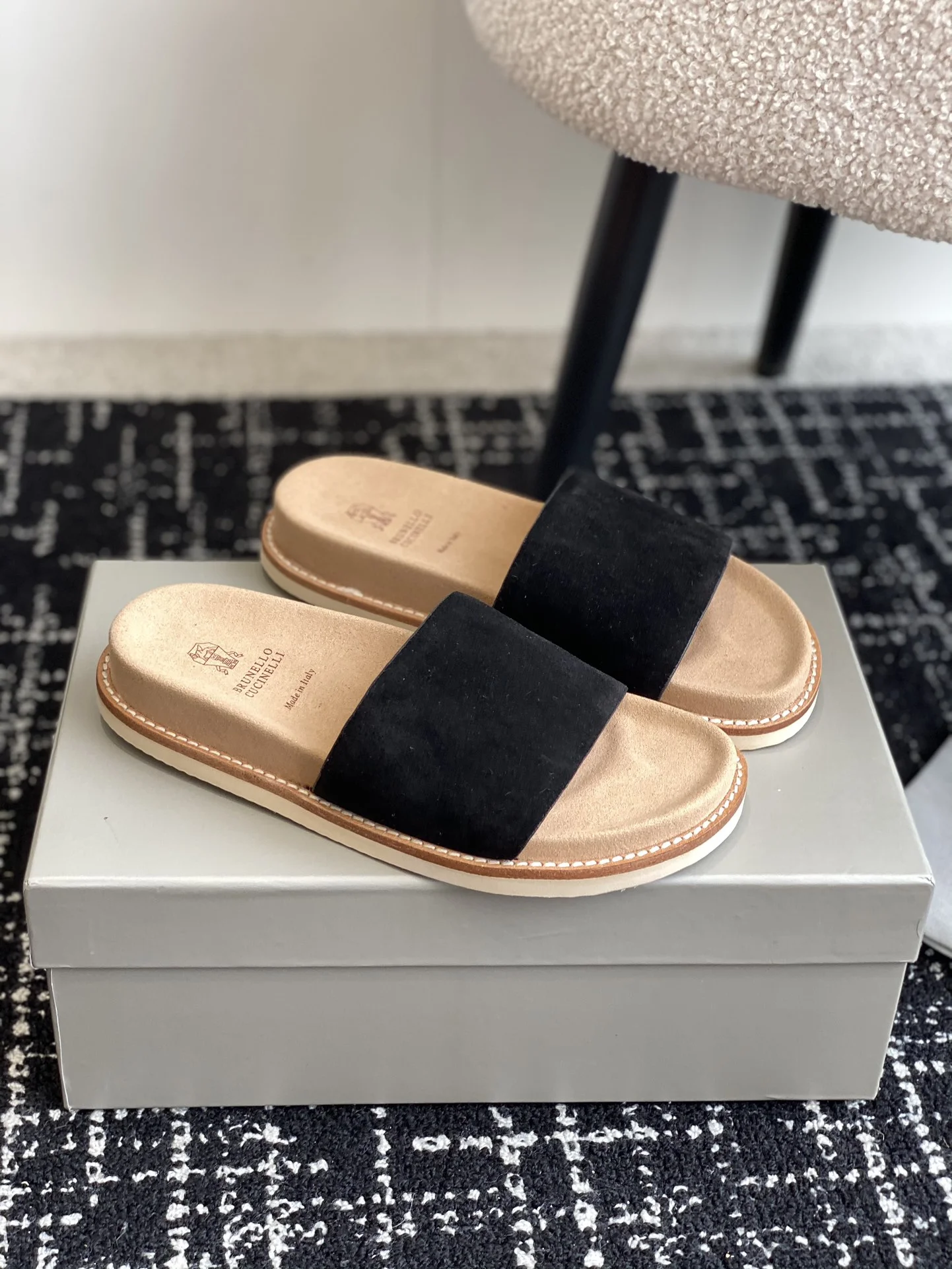 Brunello Cucinelli Black Suede Leather Slide Sandals