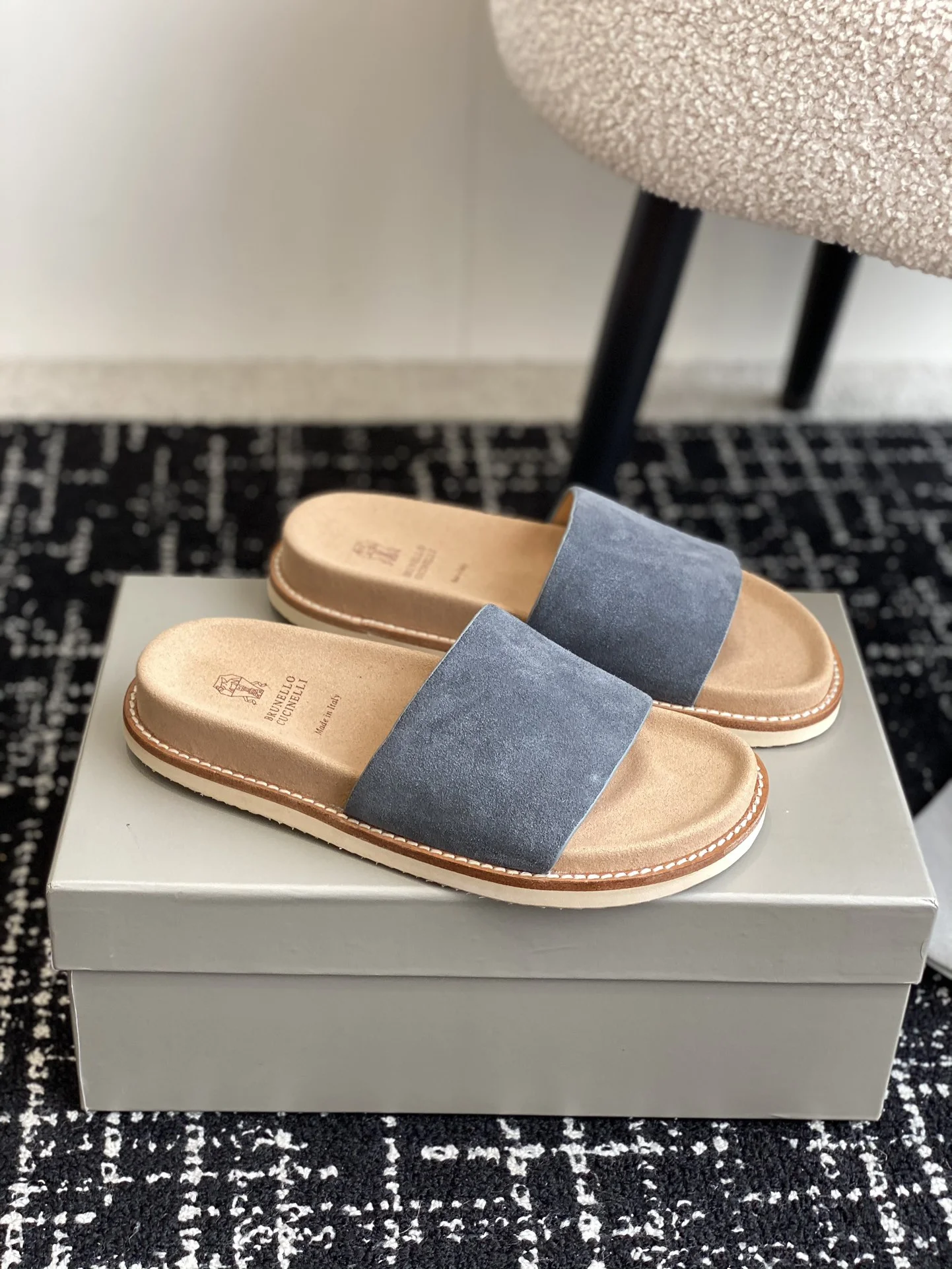 Brunello Cucinelli Gray-Blue Suede Leather Slide Sandals