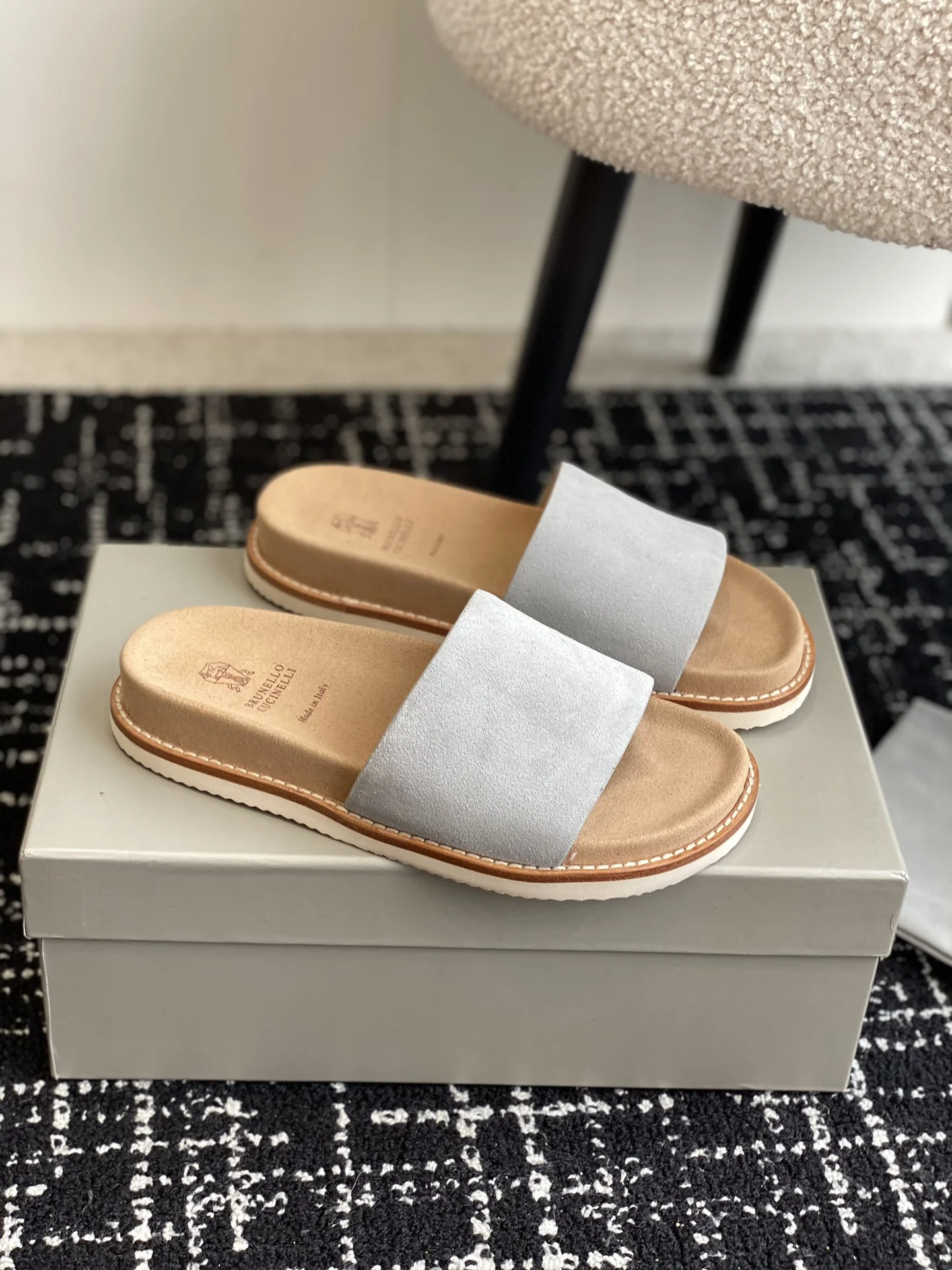 Brunello Cucinelli Light Gray Suede Slide Sandals