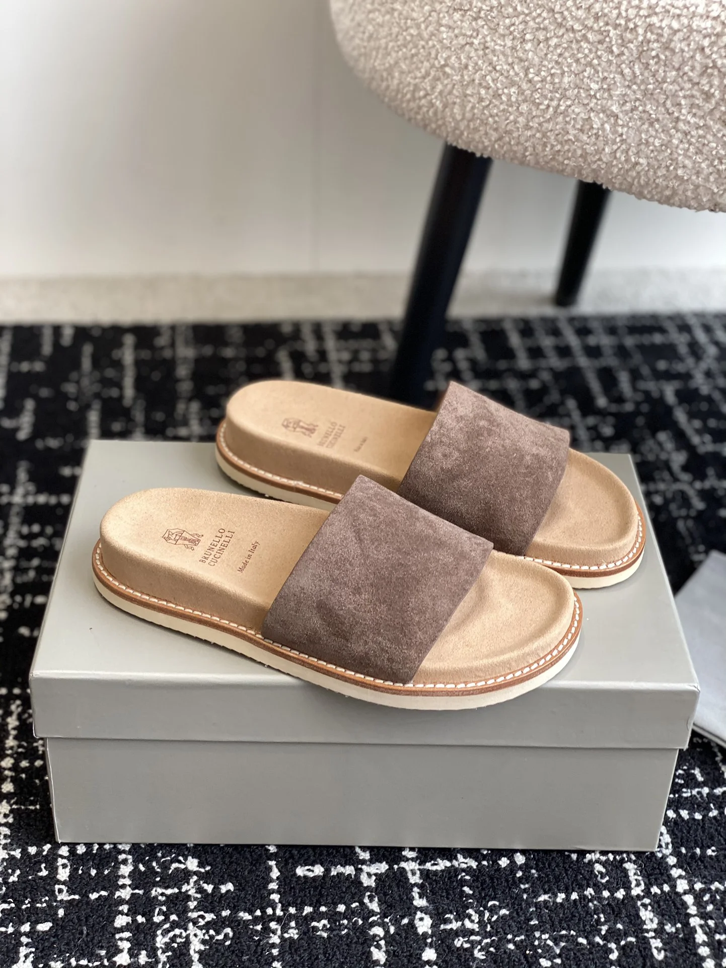 Brunello Cucinelli Dark Brown Suede Slide Sandals