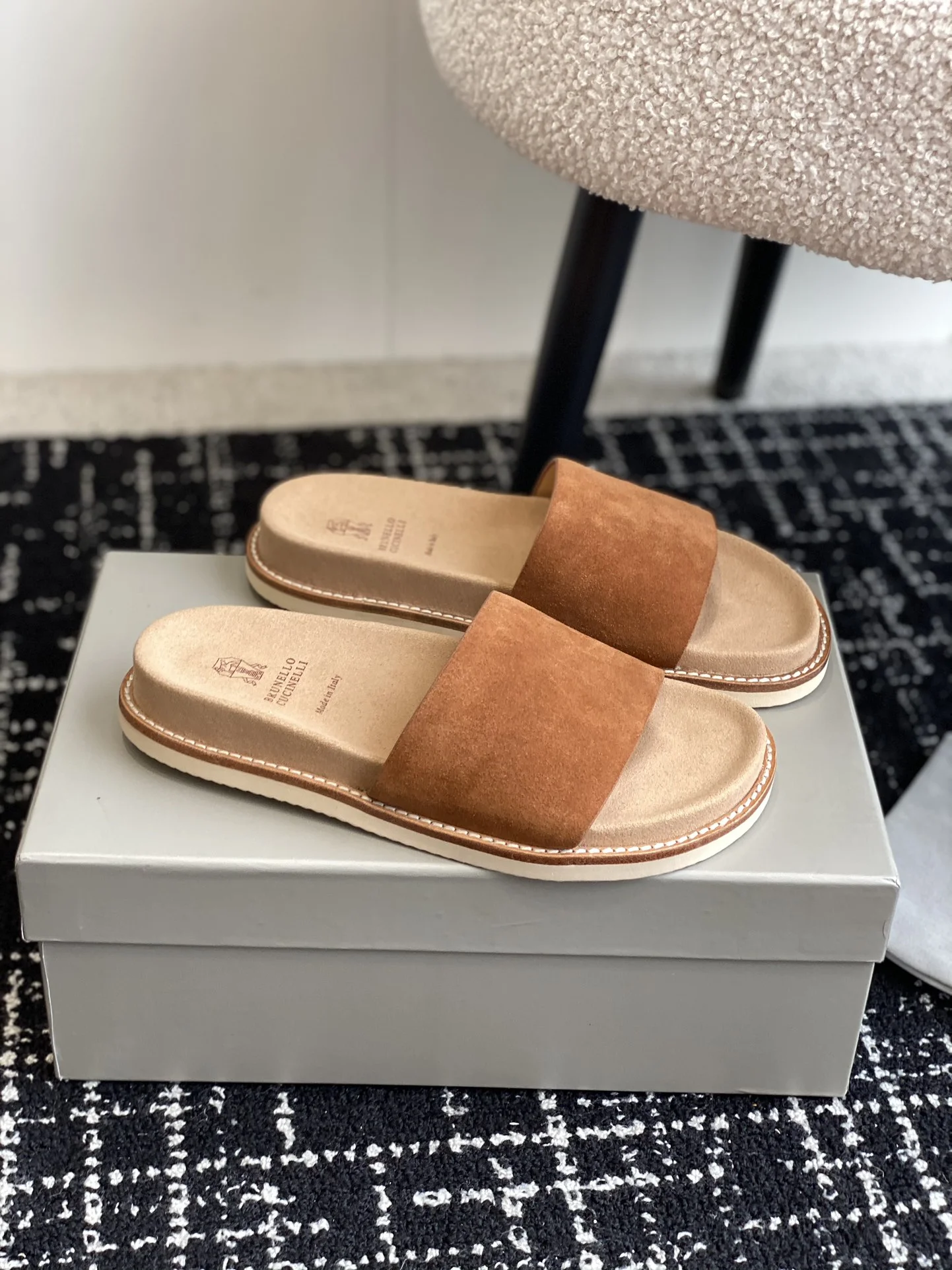 Brunello Cucinelli Caramel Brown Suede Slide Sandals