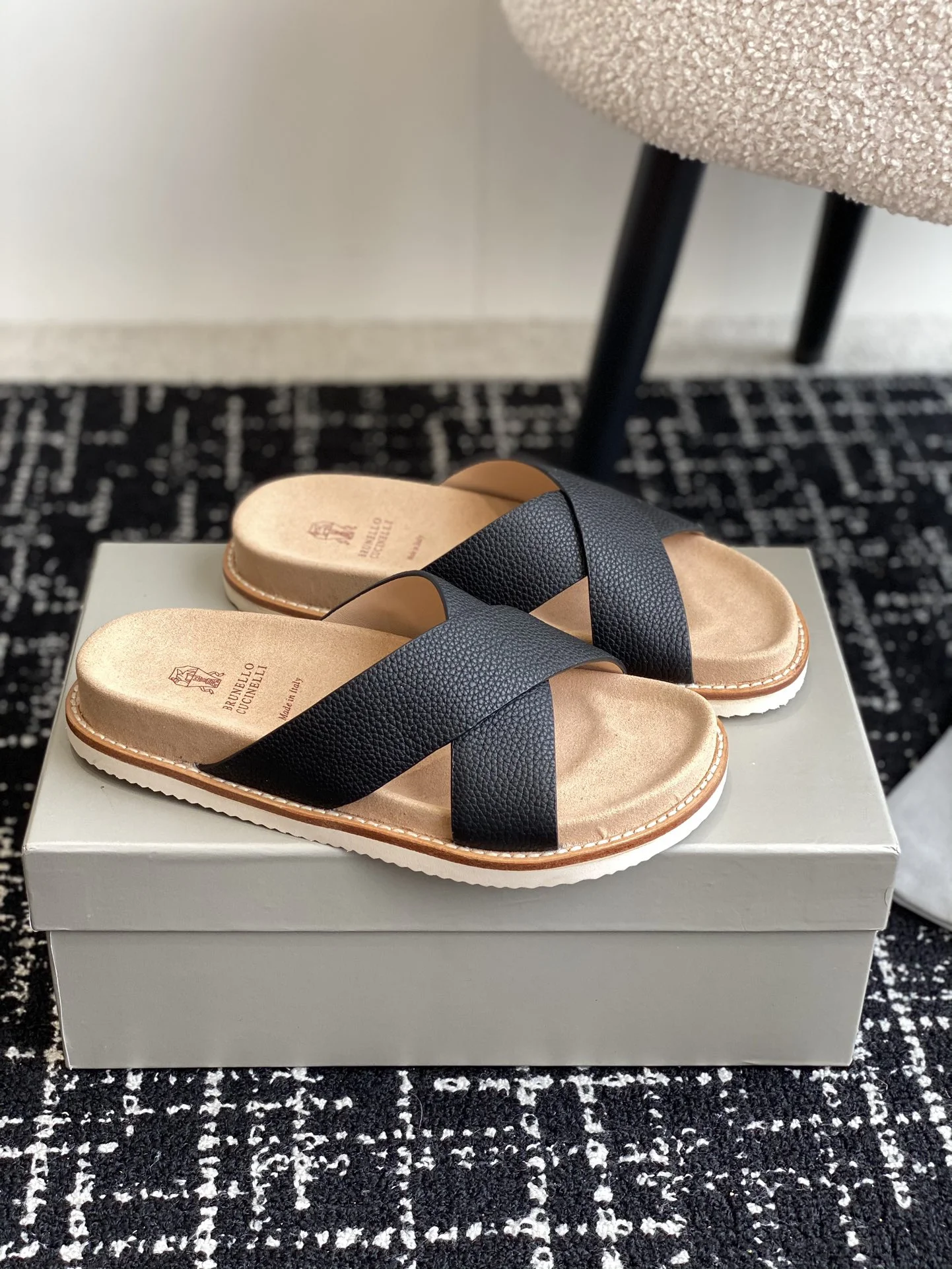Brunello Cucinelli Black Cross Strap Leather Slides