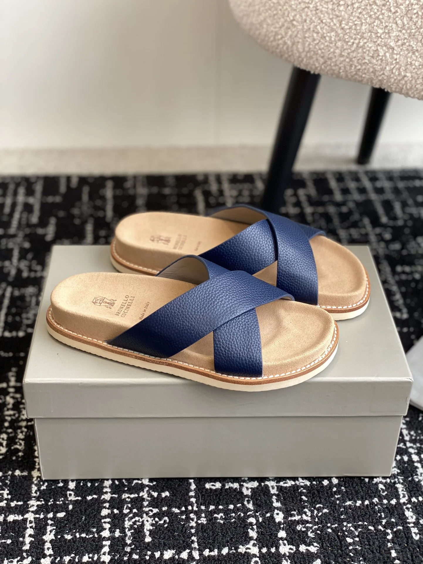Brunello Cucinelli Navy Blue Cross Strap Leather Slides