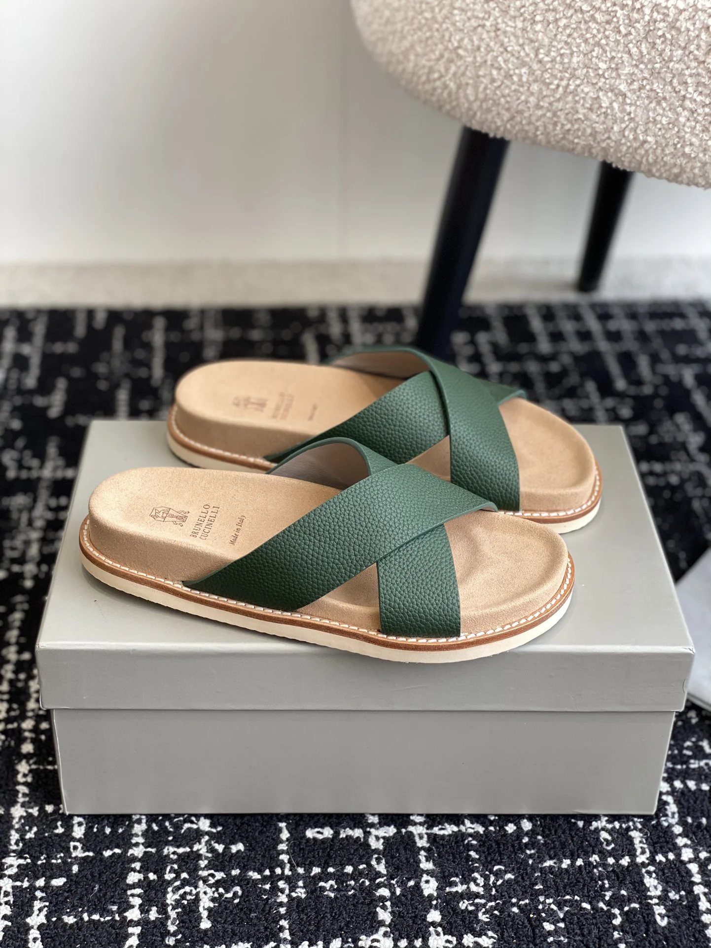 Brunello Cucinelli Green Cross Strap Leather Slides