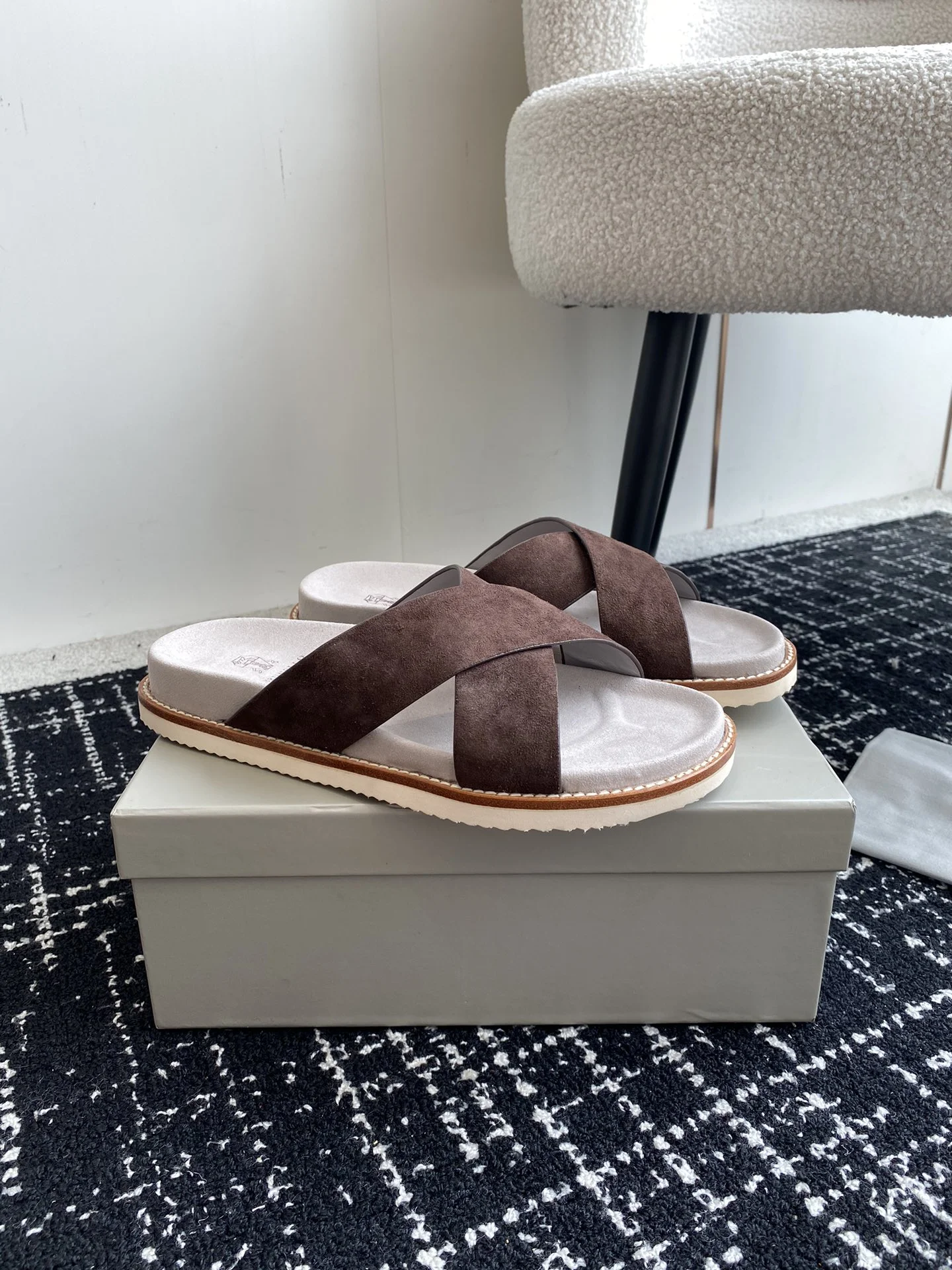 Brunello Cucinelli Dark Brown Suede Cross Strap Slides