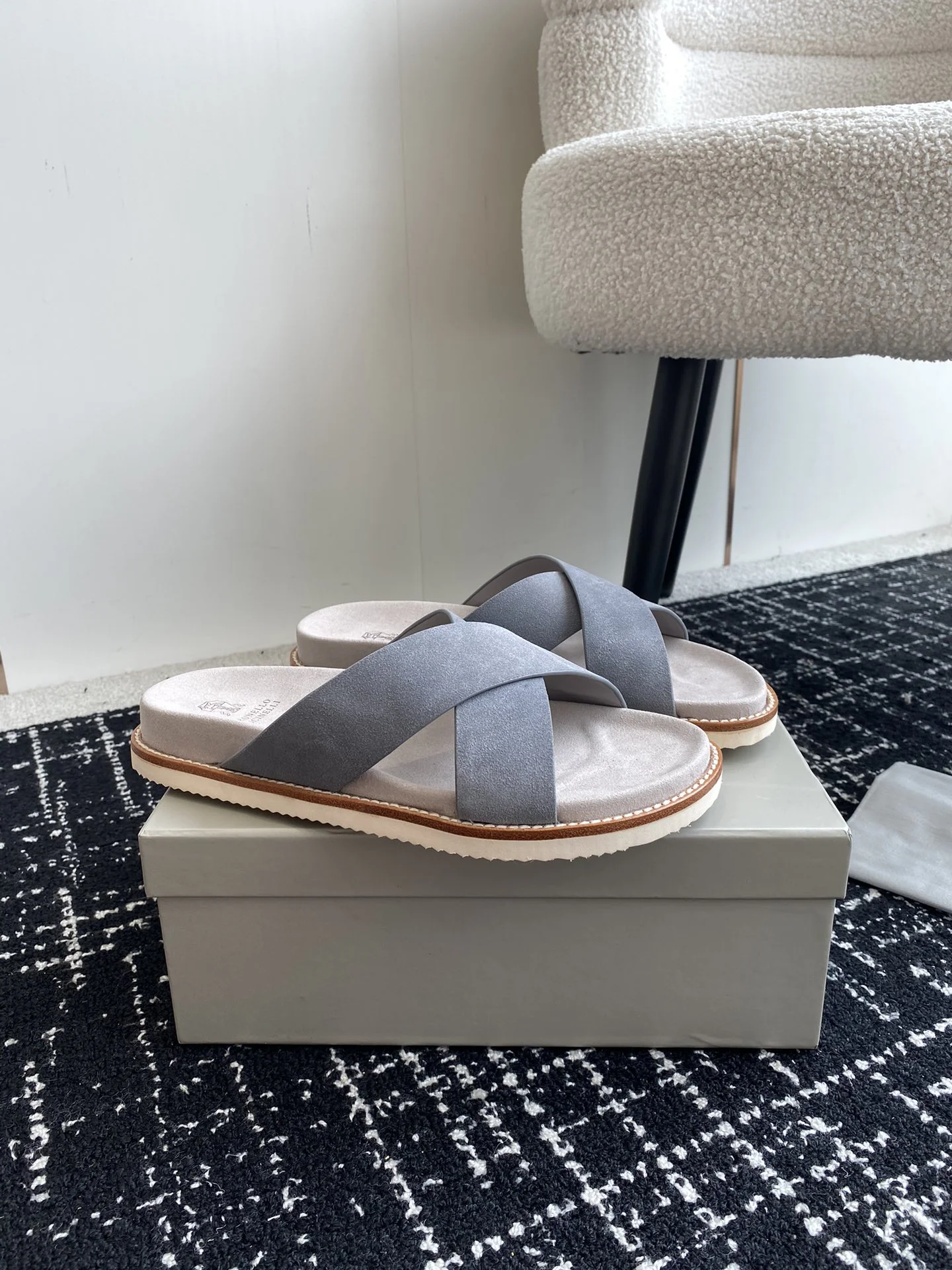 Brunello Cucinelli Light Grey Suede Cross Strap Slides