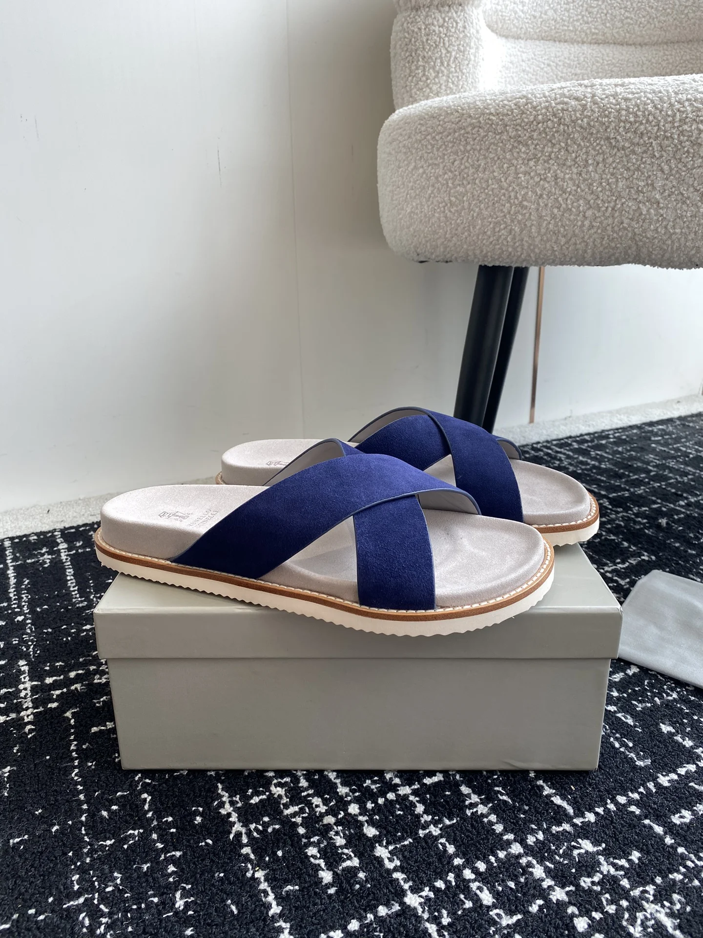 Brunello Cucinelli Navy Blue Suede Cross Strap Slides