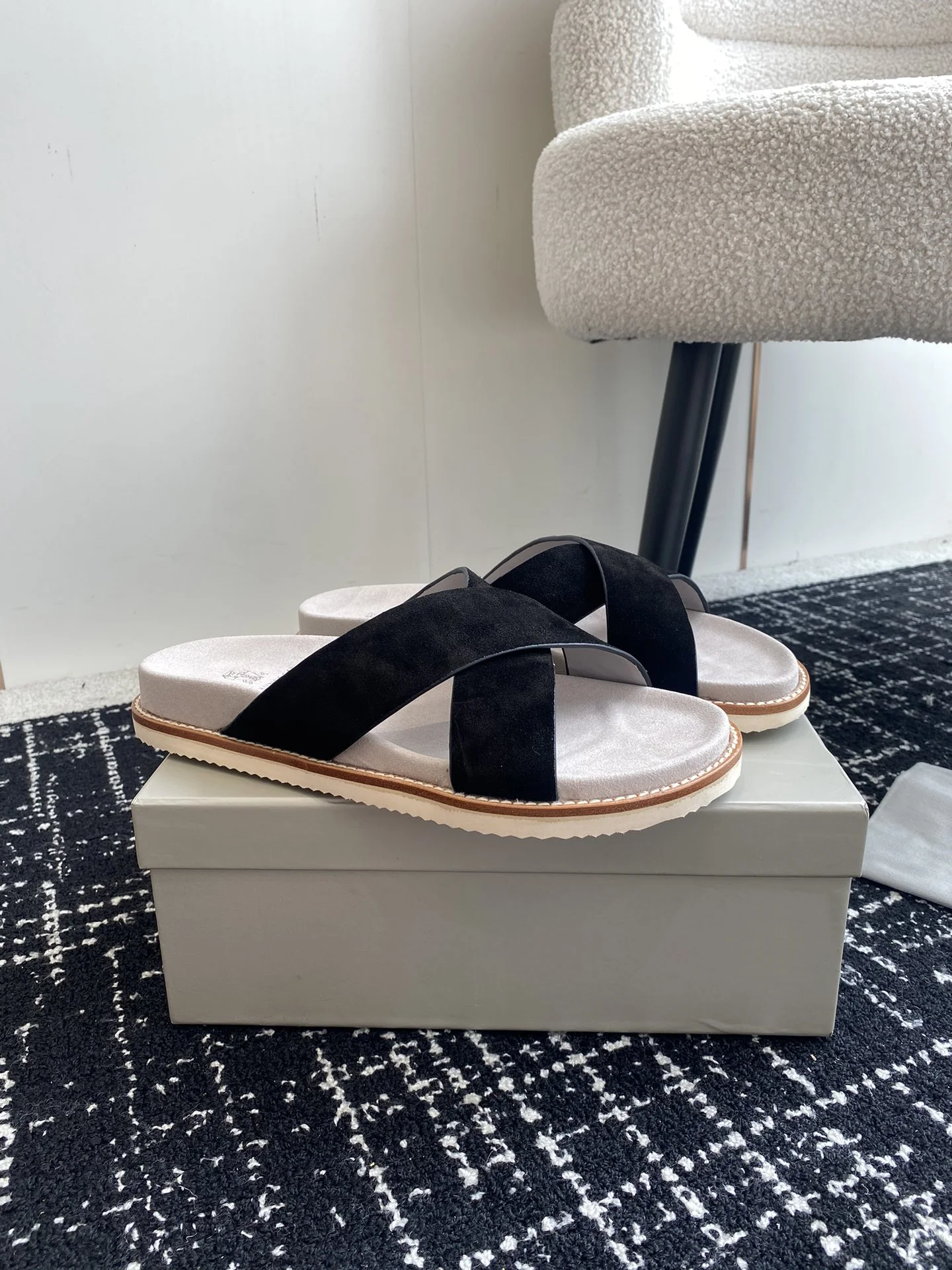 Brunello Cucinelli Black Suede Crossover Slides