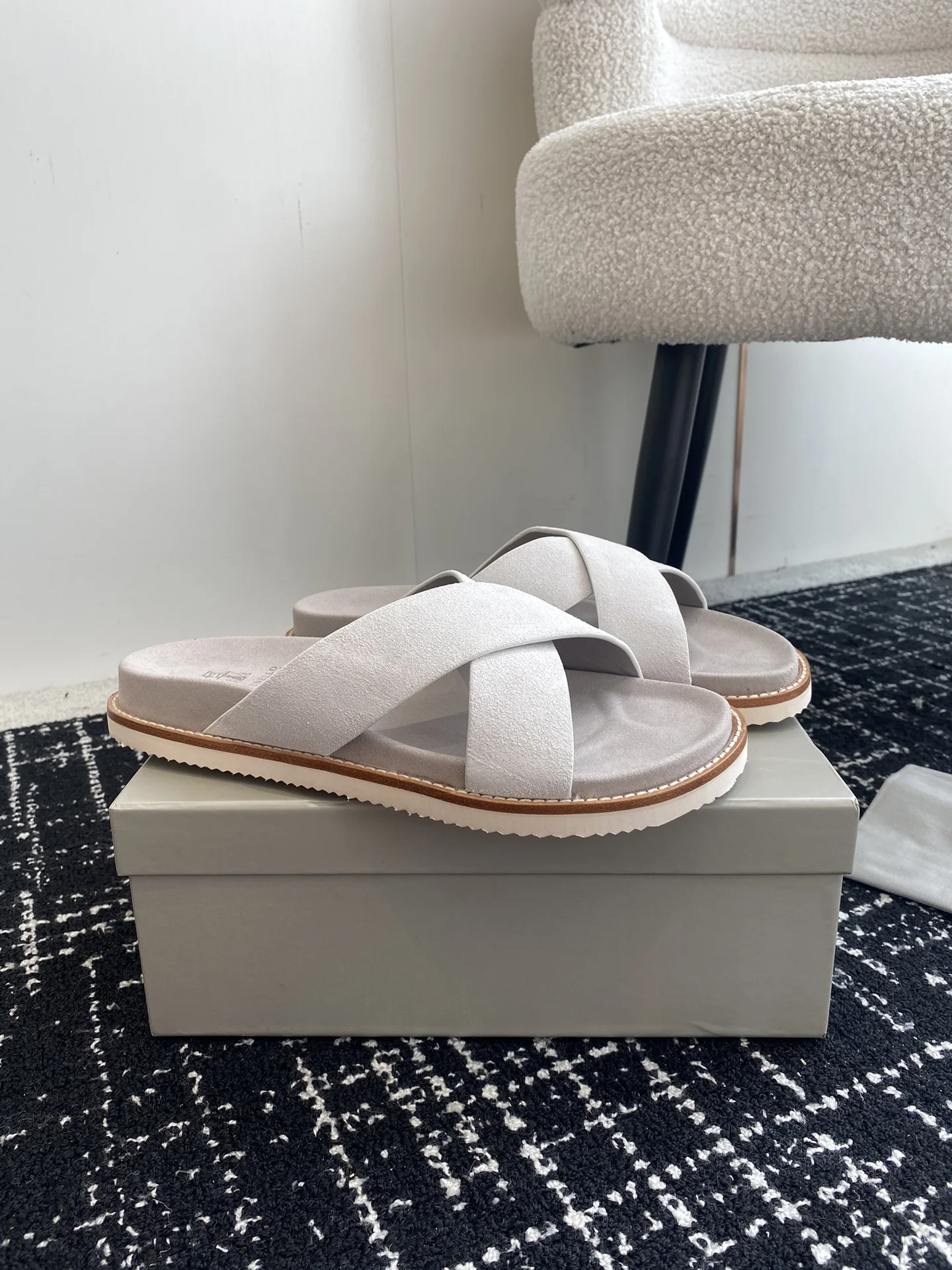 Brunello Cucinelli Light Grey Suede Crossover Slides