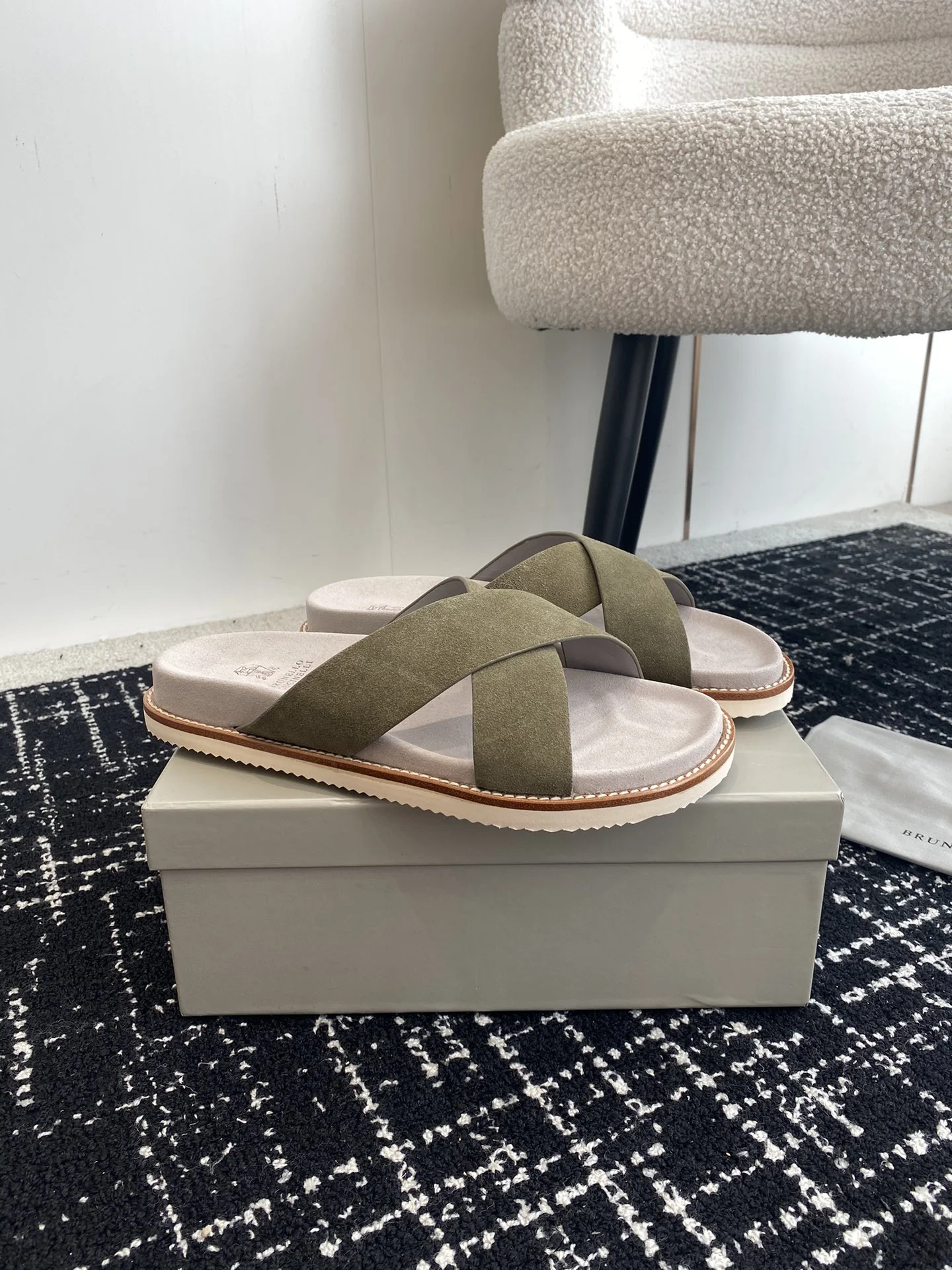 Brunello Cucinelli Olive Green Suede Crossover Slides