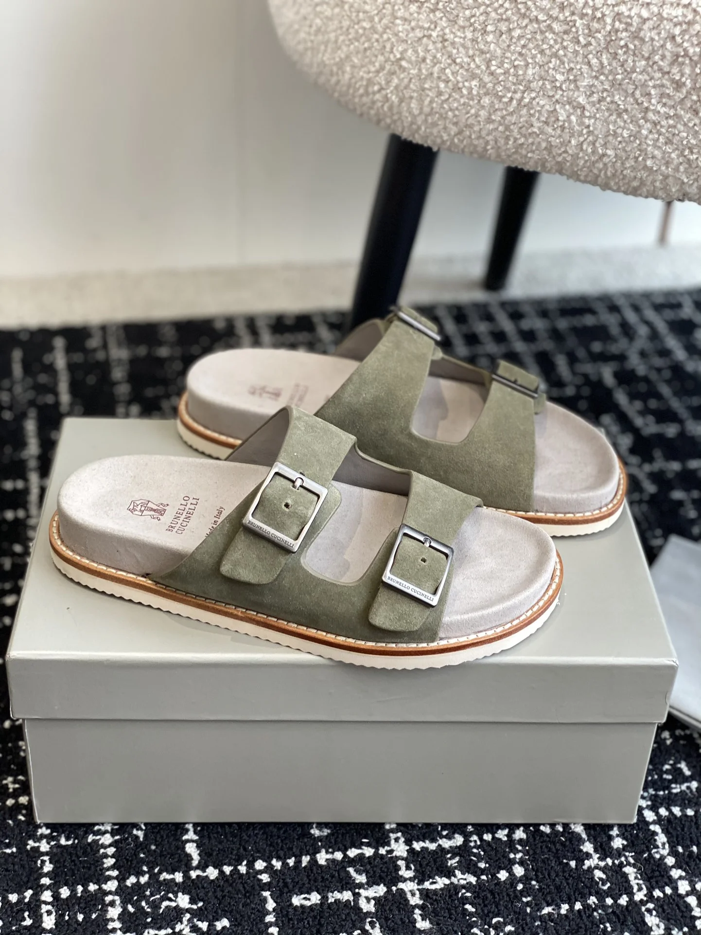 Brunello Cucinelli Olive Green Suede Double Buckle Slides