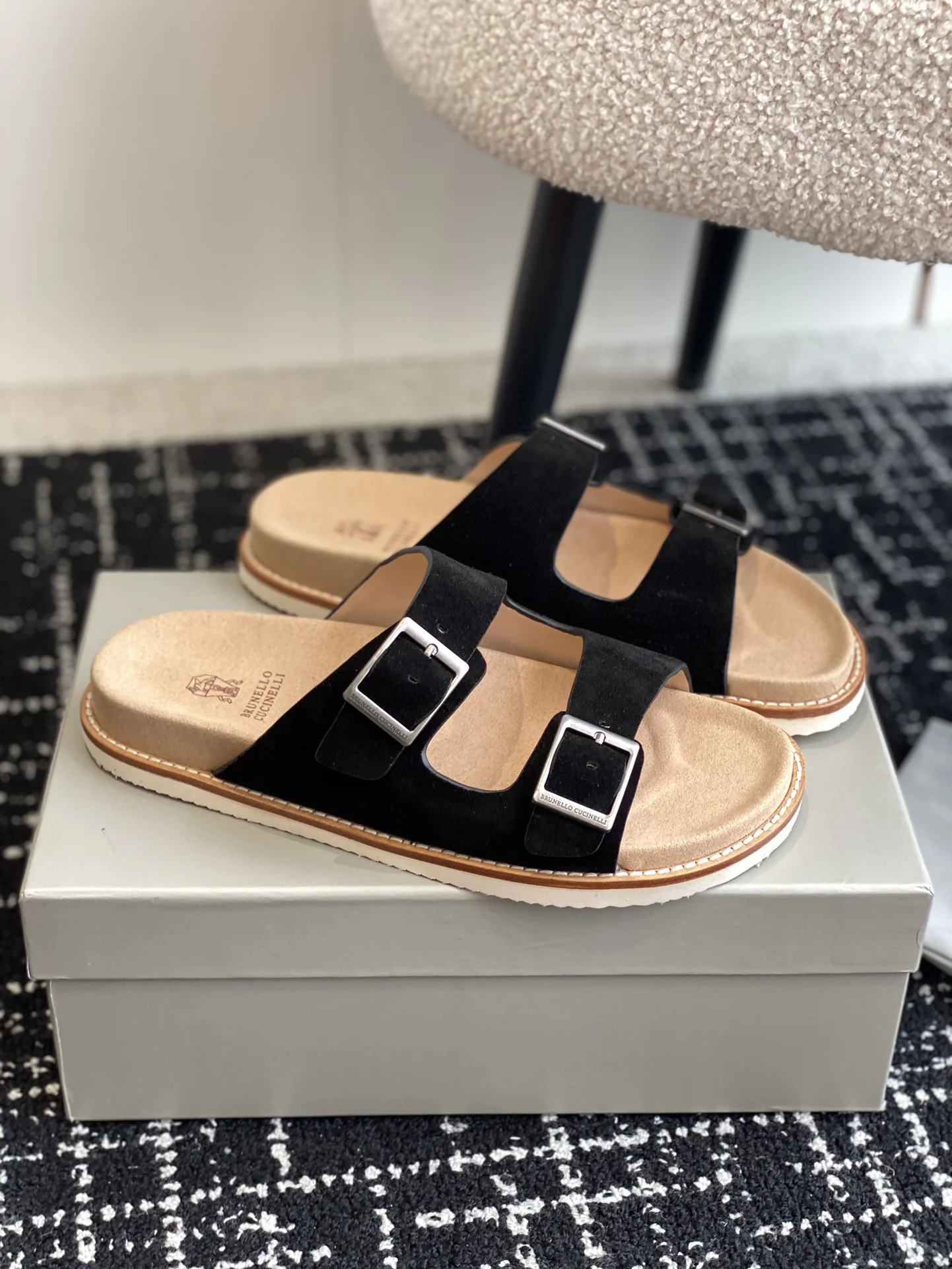 Brunello Cucinelli Black Suede Double Buckle Slides