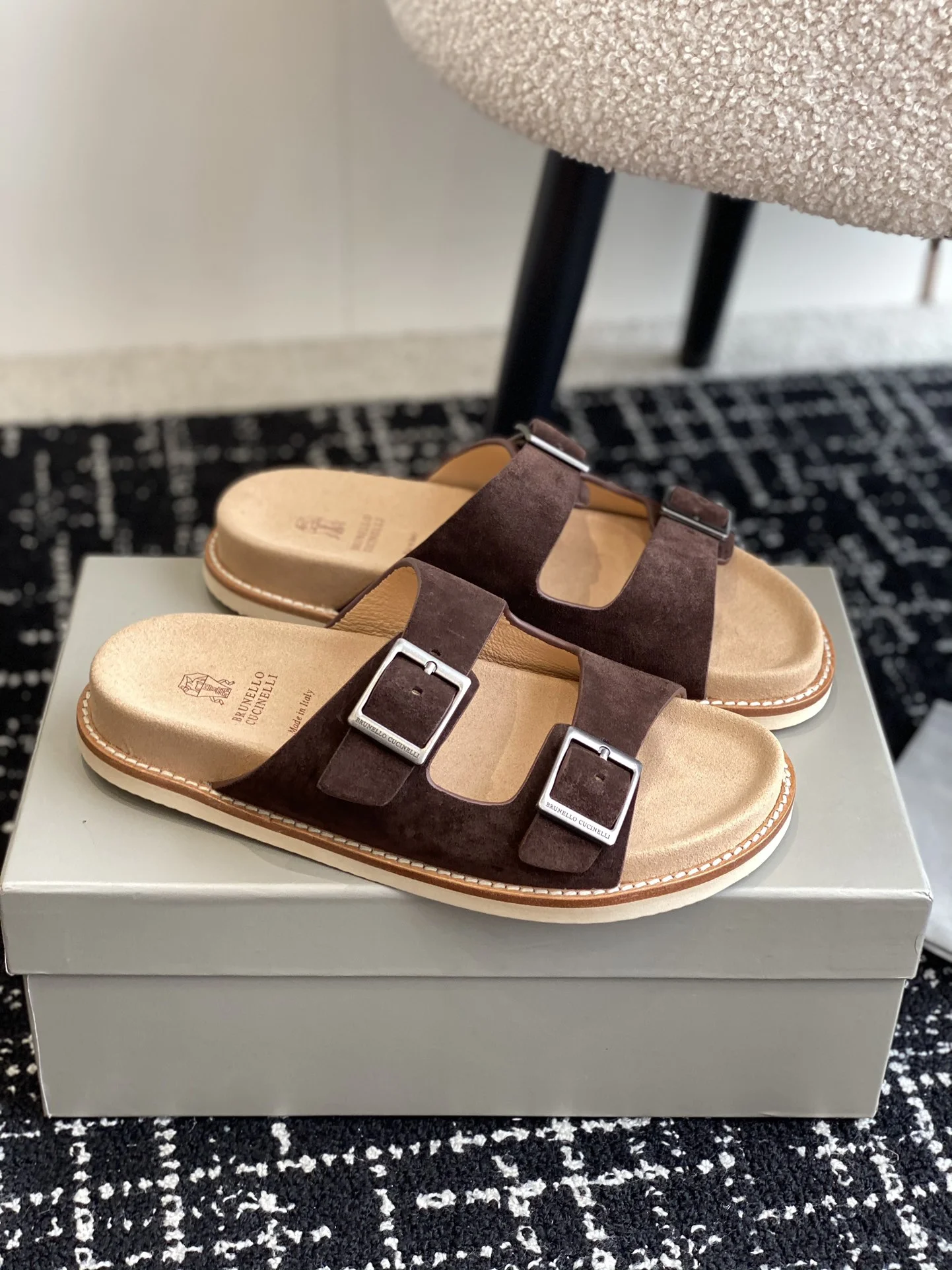 Brunello Cucinelli Dark Brown Suede Double Buckle Slides