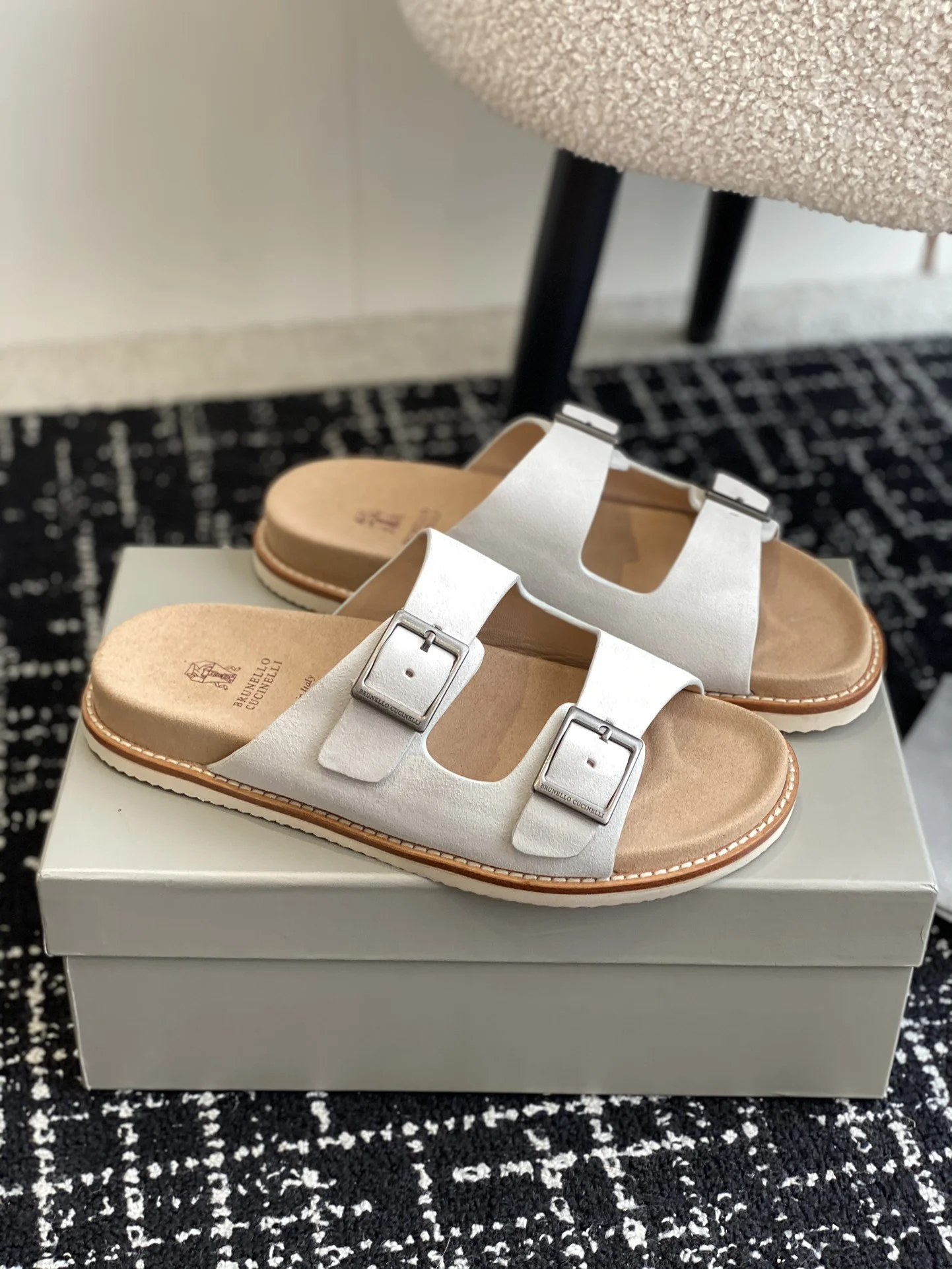 Brunello Cucinelli White Suede Double Buckle Slides