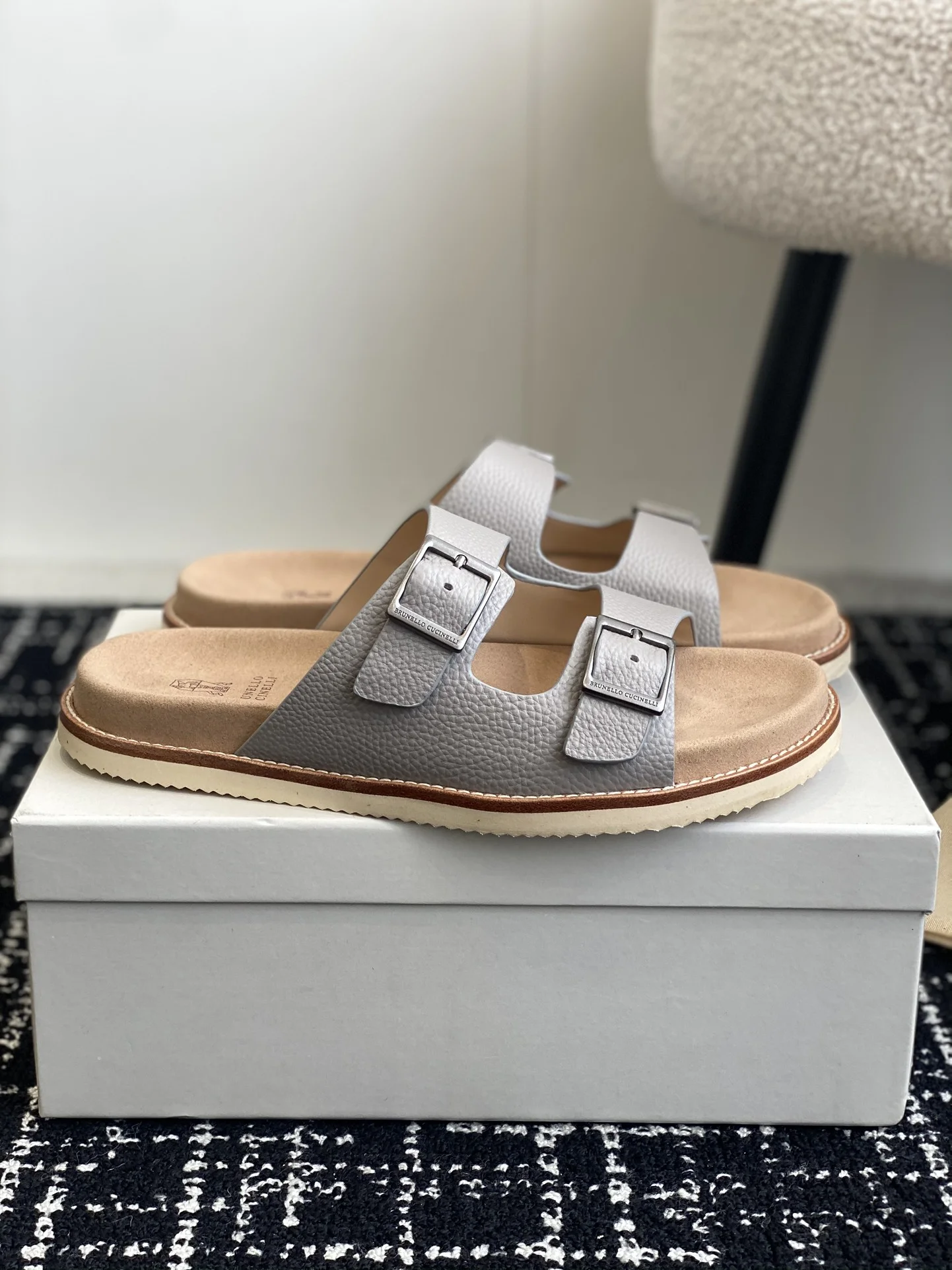 Brunello Cucinelli Grey Grained Leather Double Buckle Slides