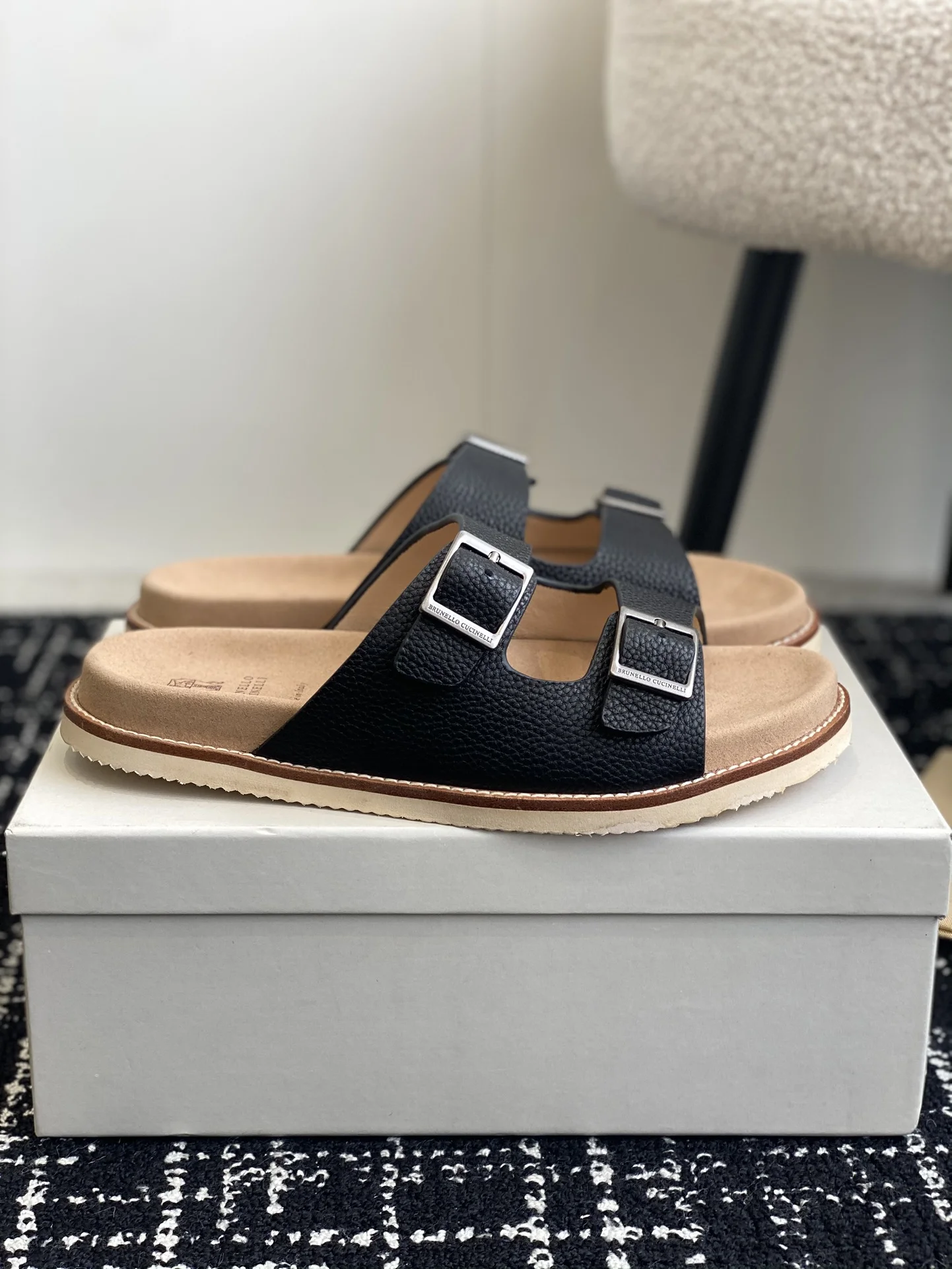 Brunello Cucinelli Black Grained Leather Double Buckle Slides