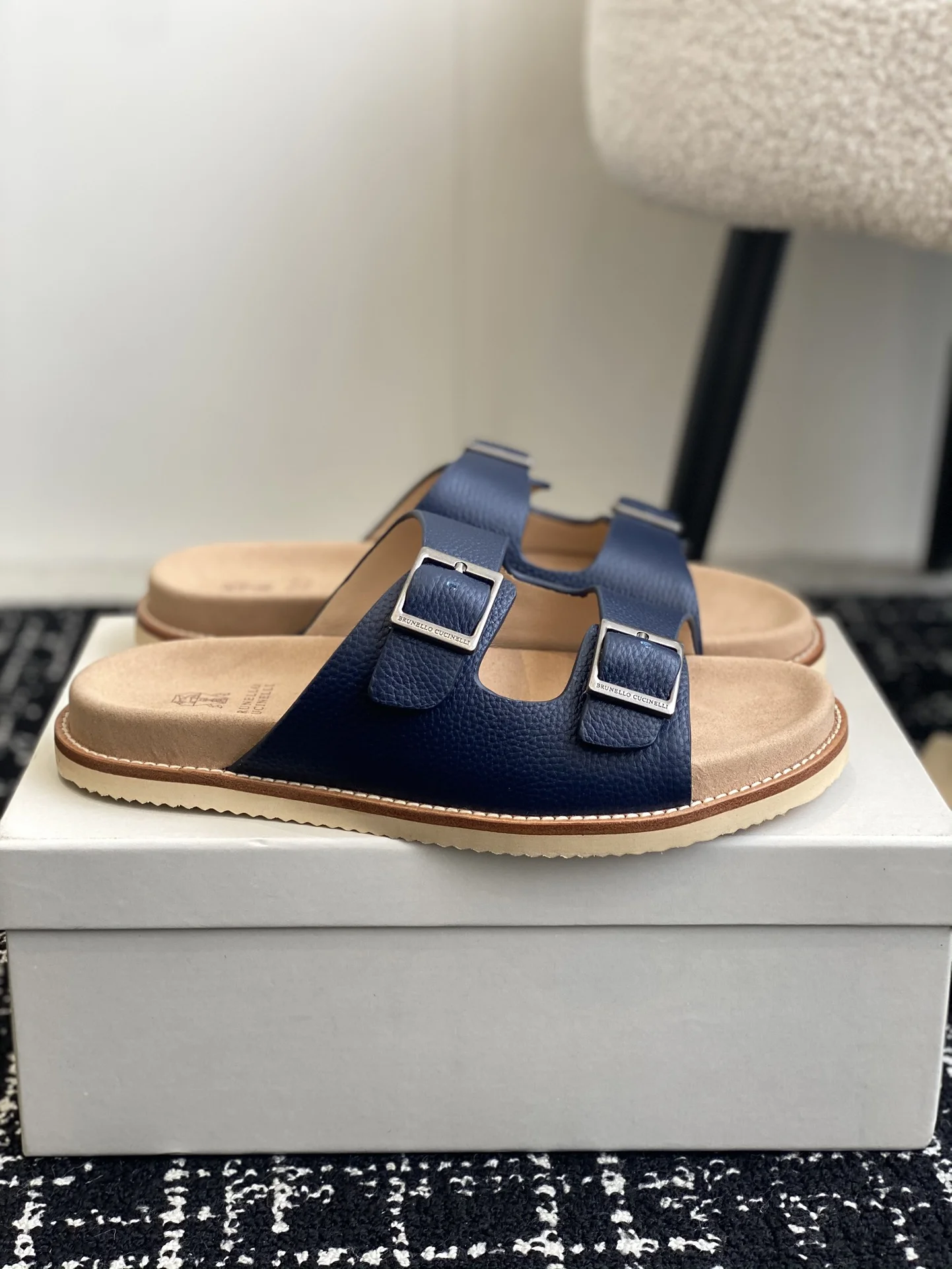 Brunello Cucinelli Navy Blue Double-Buckle Slide Sandals – Unisex 