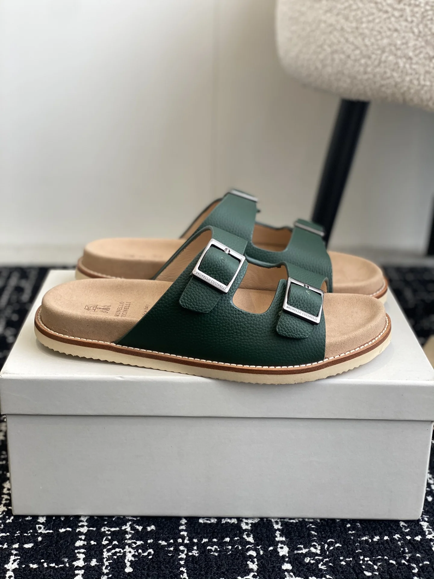 Brunello Cucinelli Green Double-Buckle Slide Sandals – Unisex 