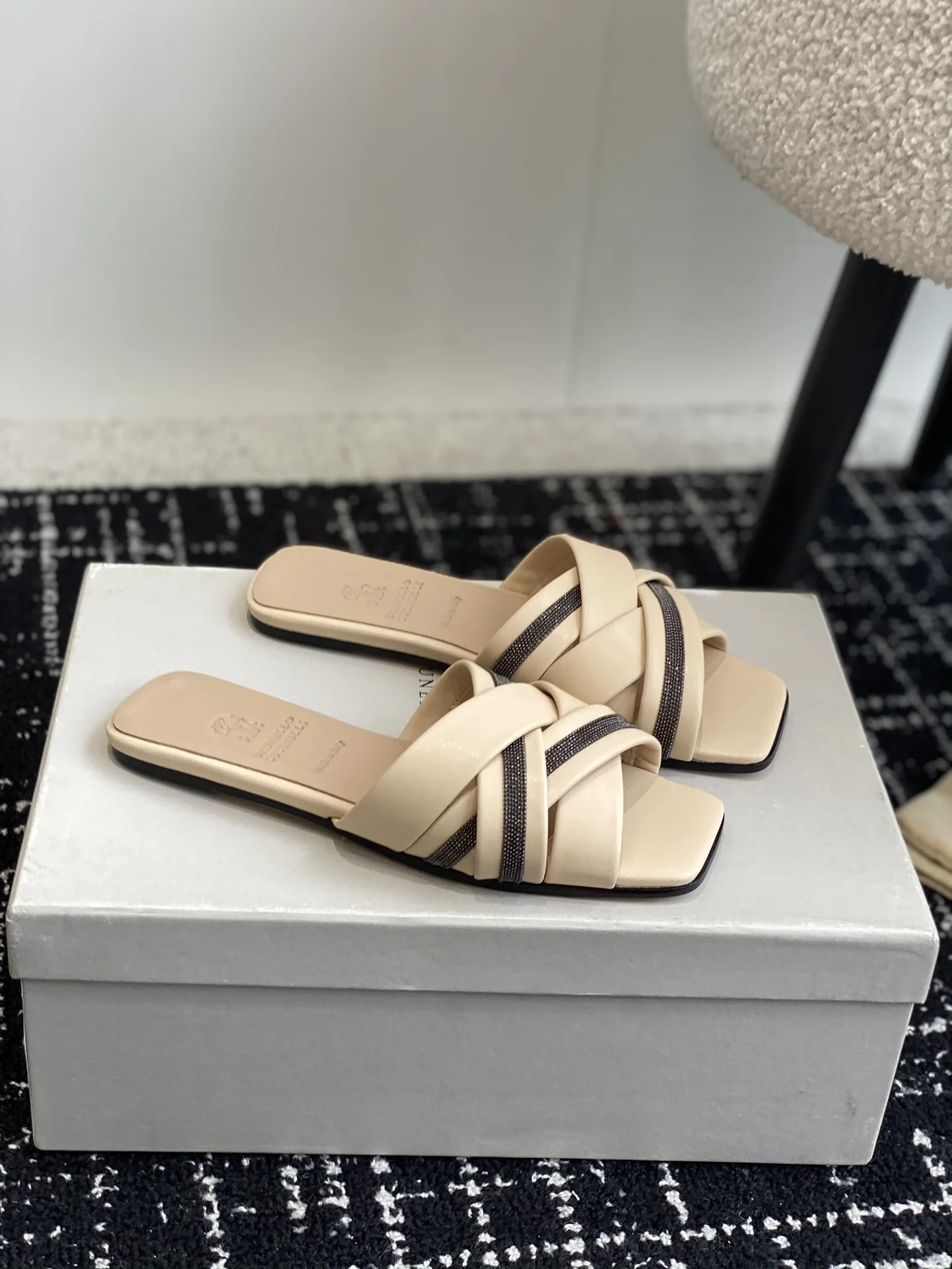 Brunello Cucinelli Beige Cross-Strap Slide Sandals