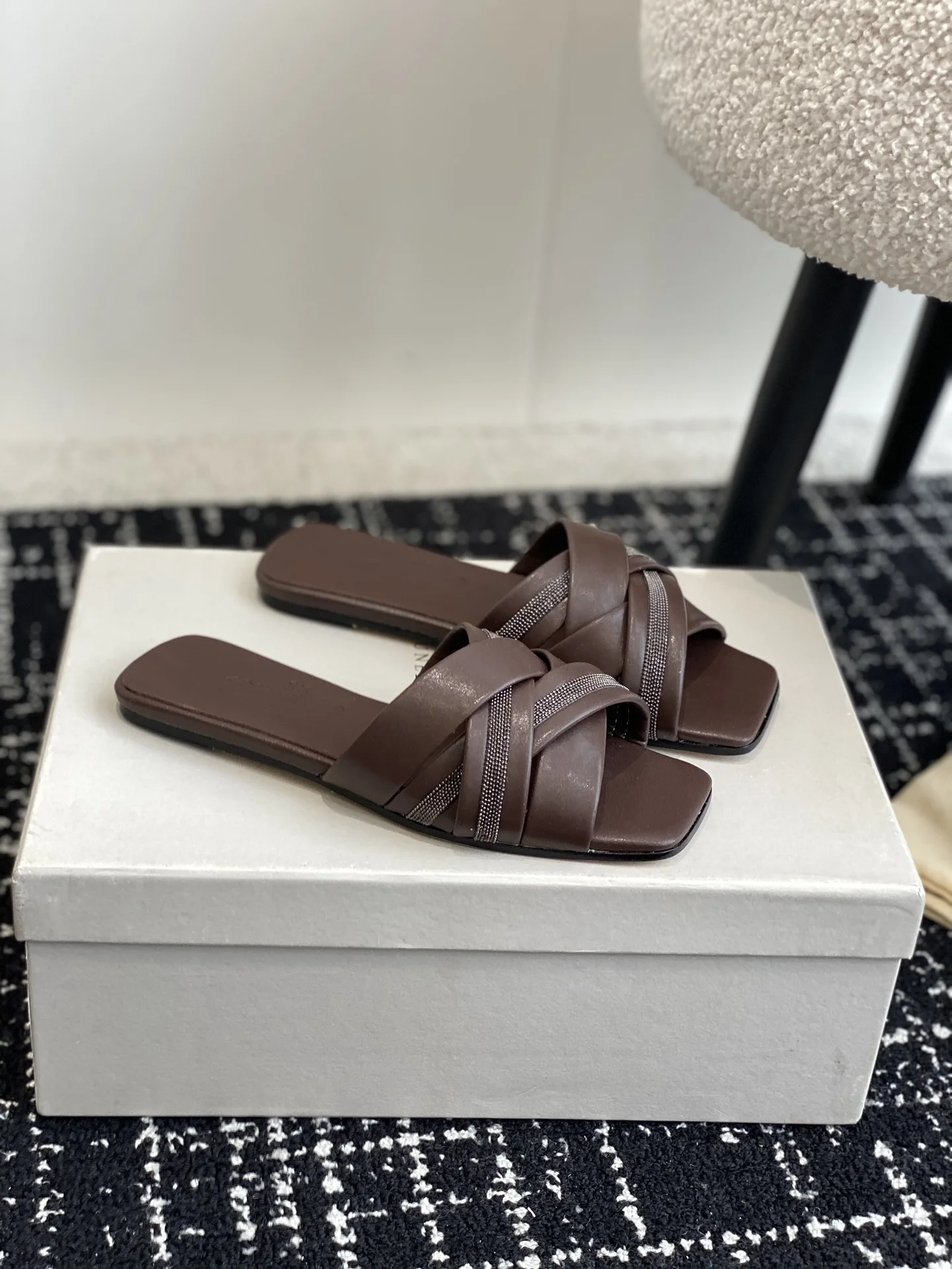Brunello Cucinelli Brown Cross-Strap Slide Sandals