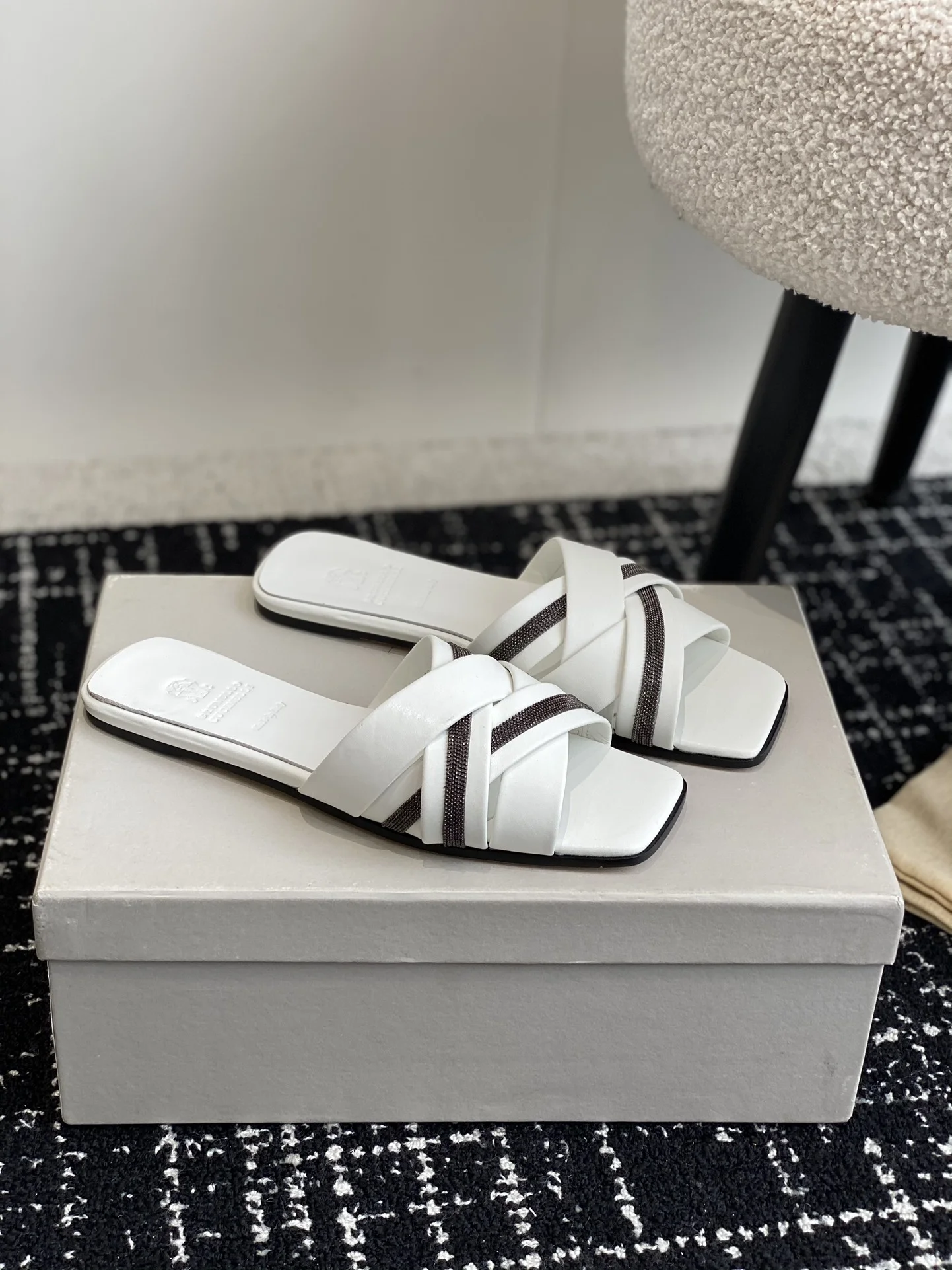 Brunello Cucinelli White Cross-Strap Slide Sandals