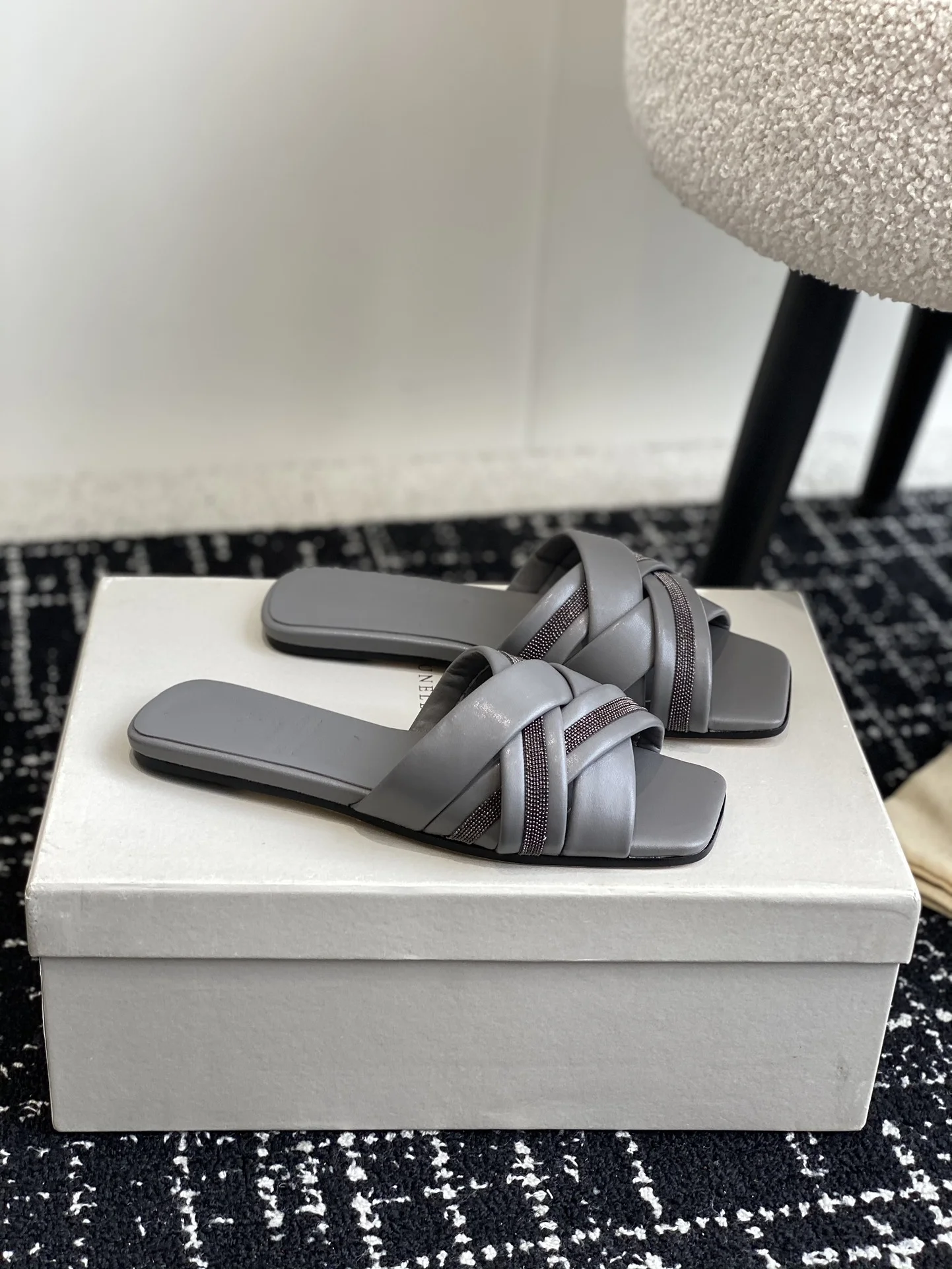Brunello Cucinelli Gray Cross-Strap Slide Sandals