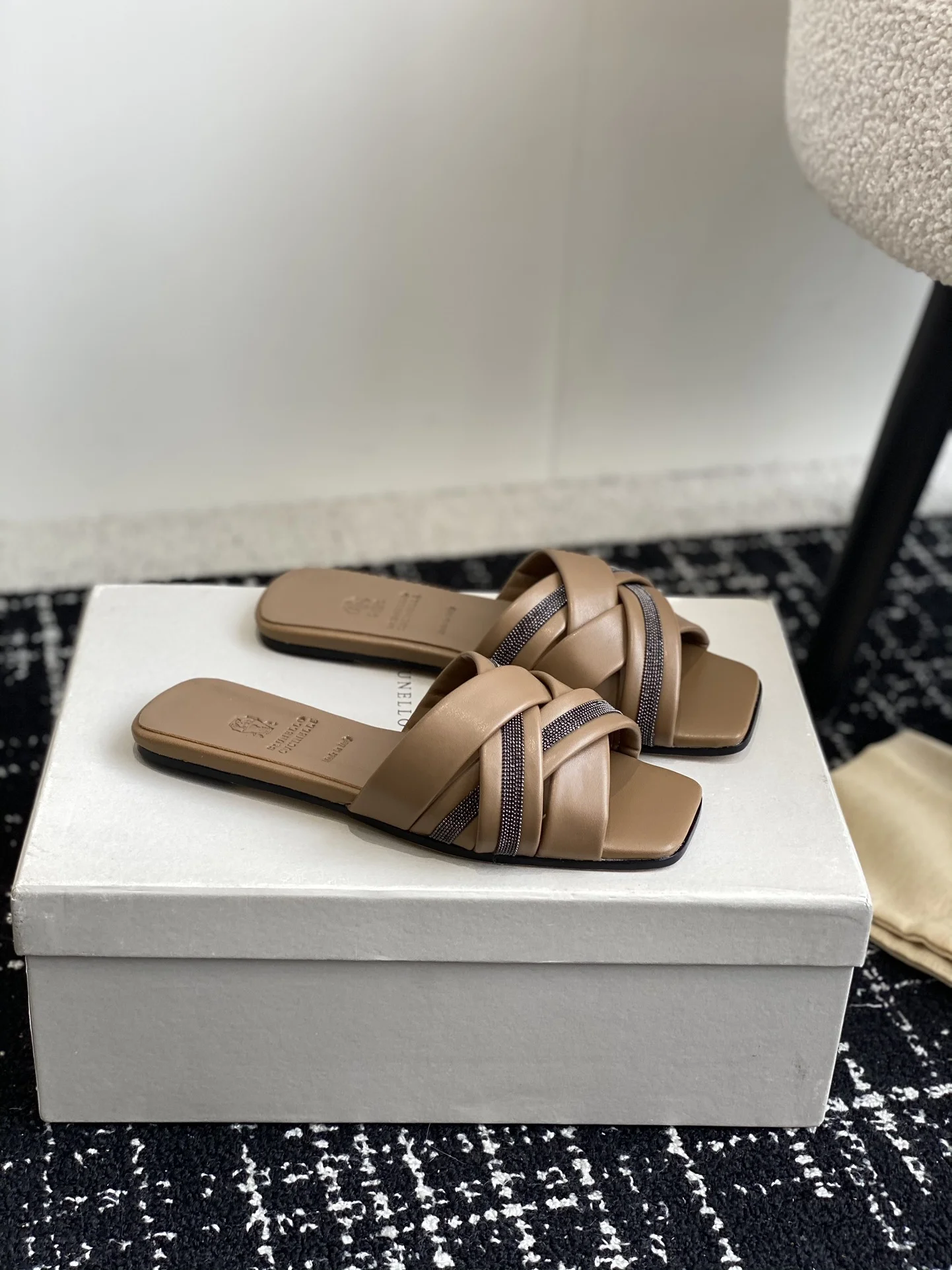Brunello Cucinelli Beige Cross-Strap Slide Sandals