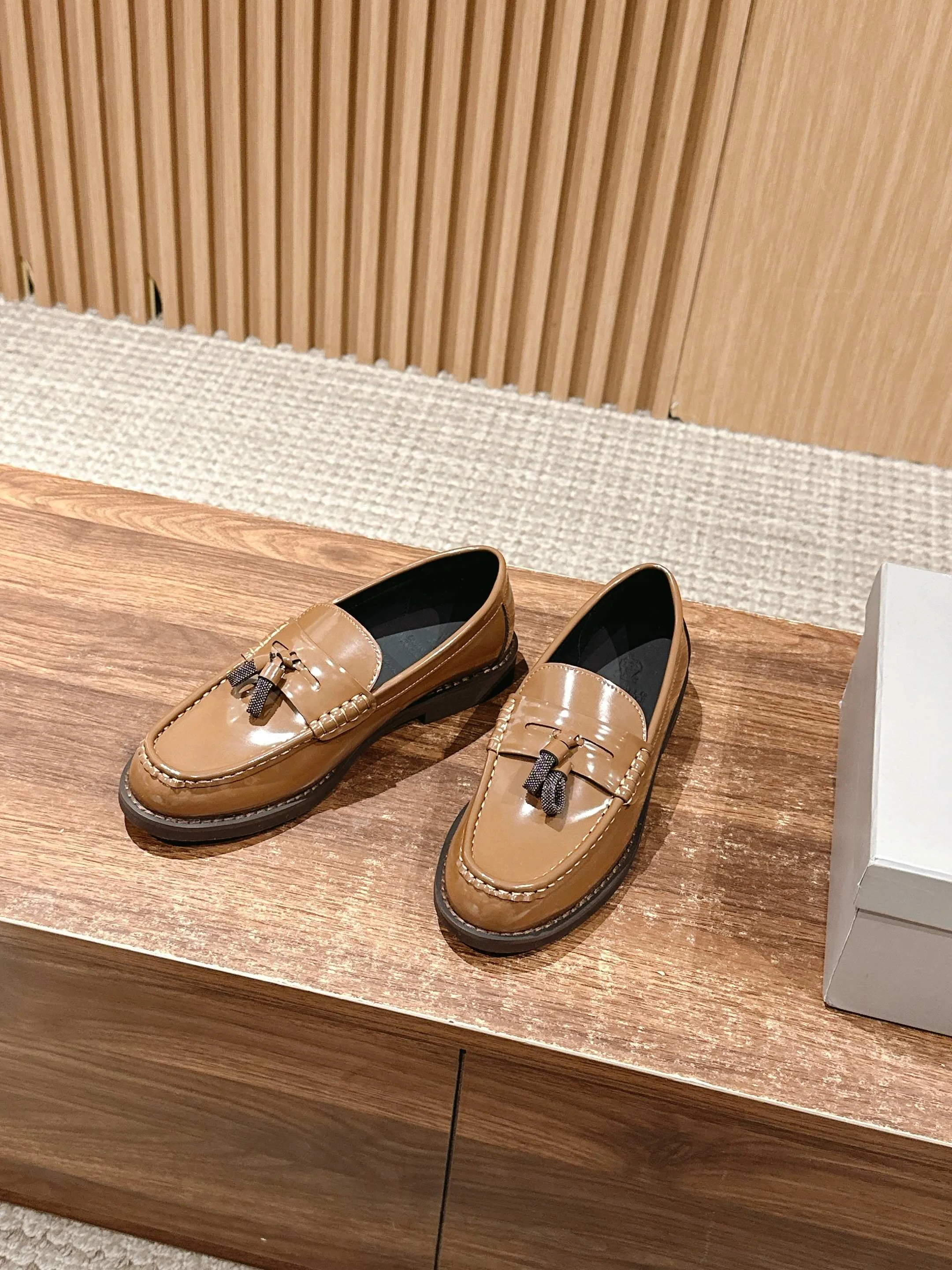 Brunello Cucinelli Caramel Patent Leather Tassel Loafers – Italian Luxury Footwear