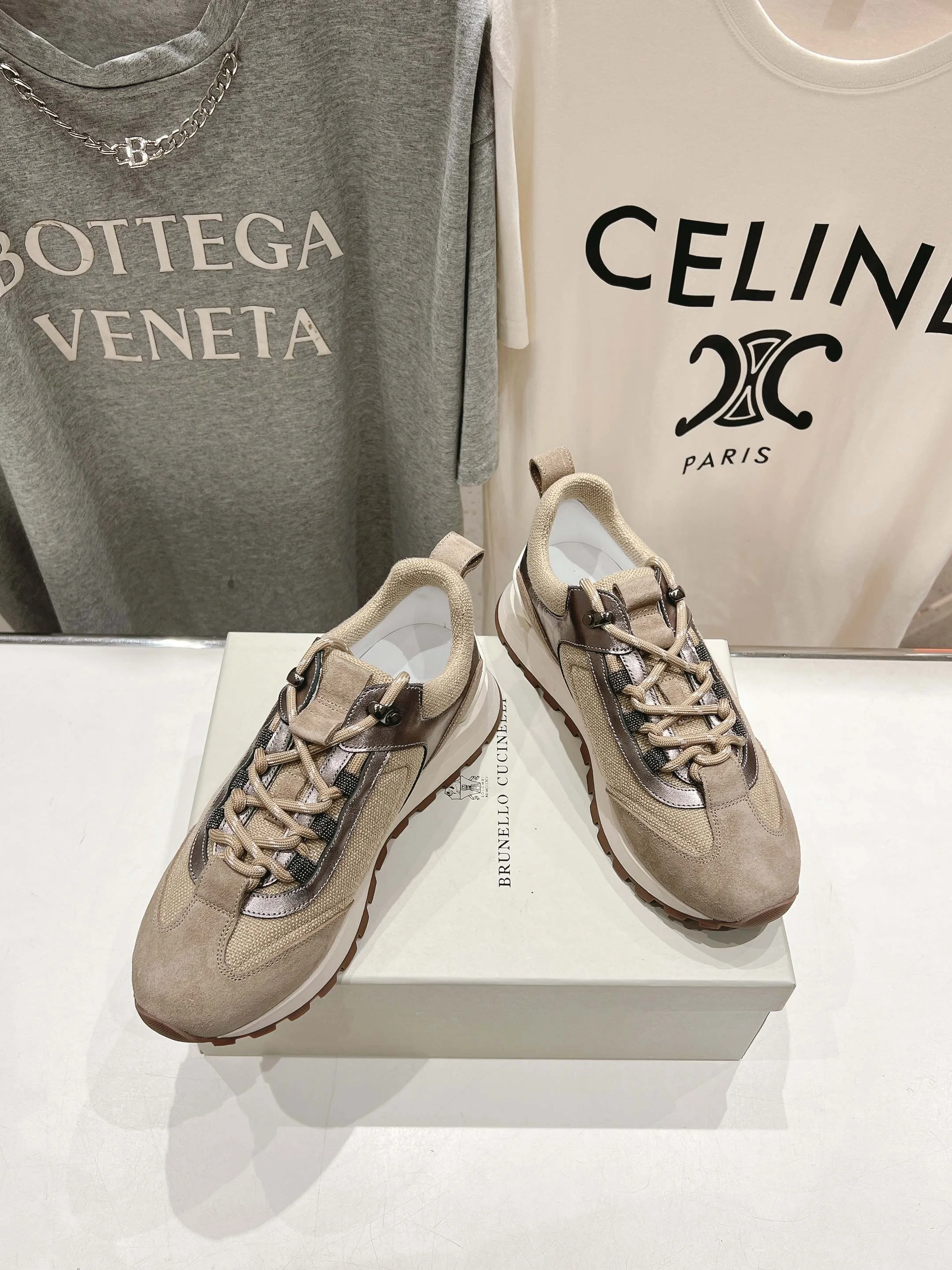 Brunello Cucinelli Beige Mixed Material Sneakers – Luxury Casual Footwear