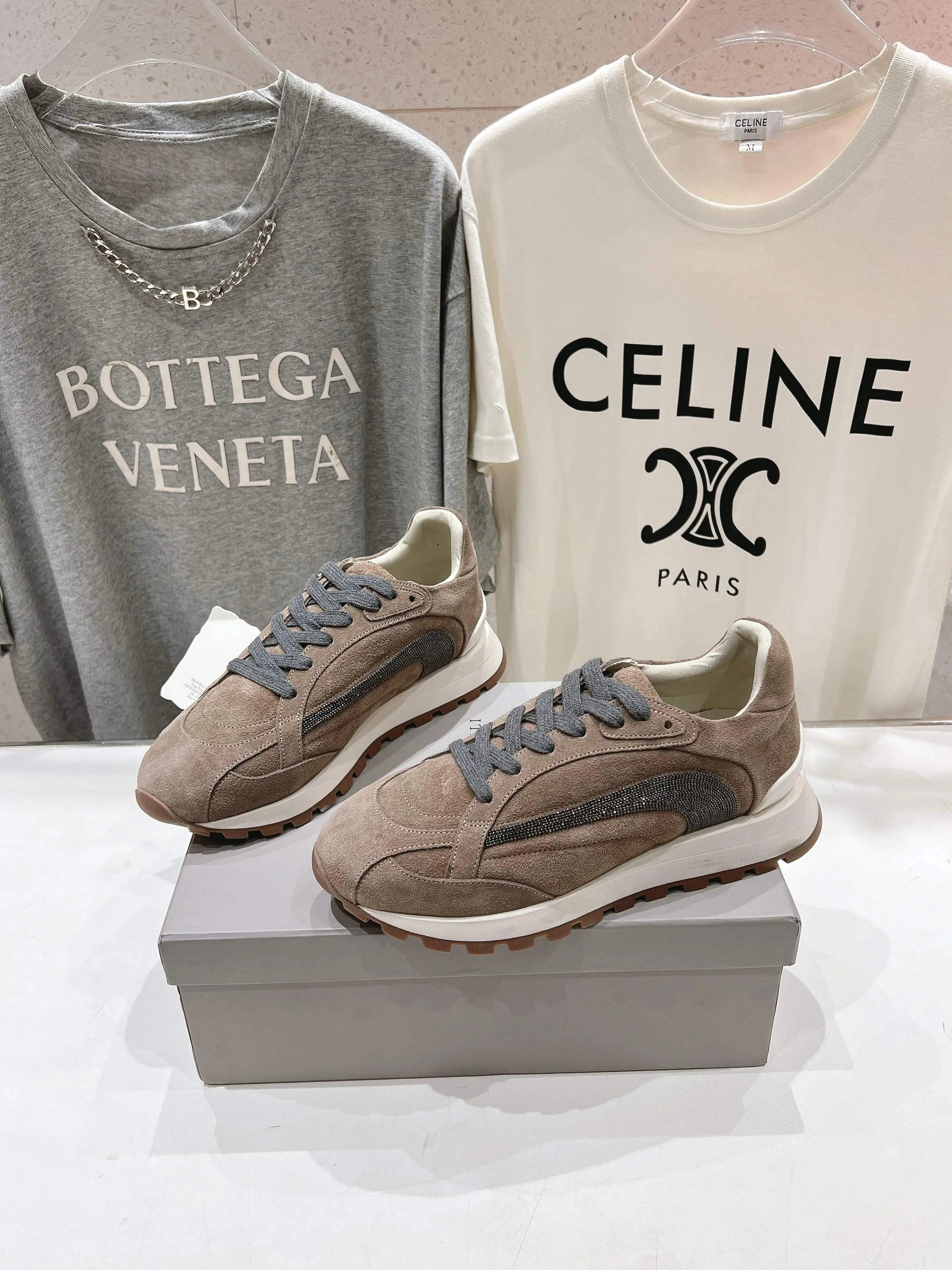 Brunello Cucinelli Light Brown Suede Mesh Sneakers – Italian Designer Trainers