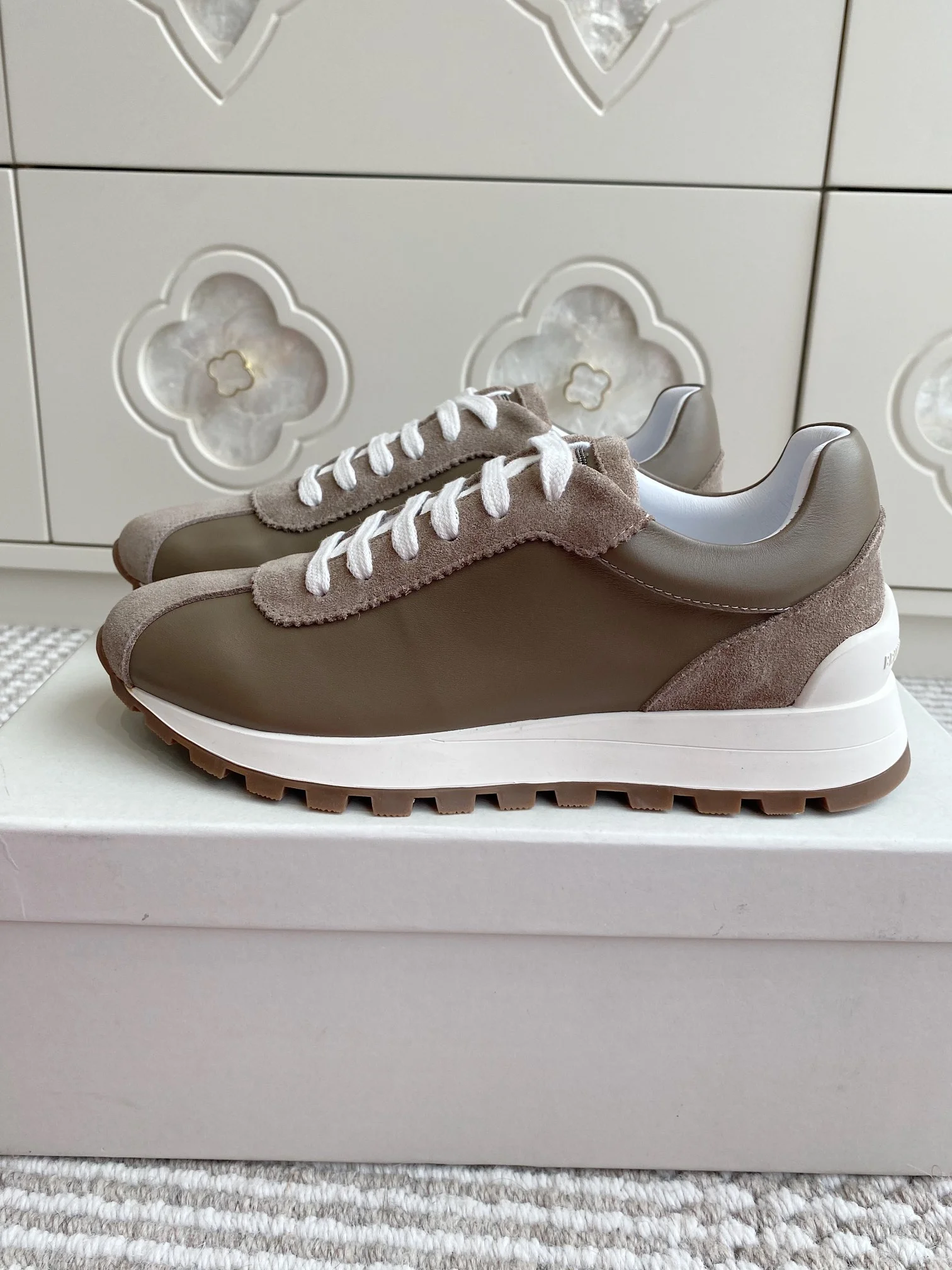 Brunello Cucinelli Khaki Leather and Suede Sneakers – Italian Luxury Casual Shoes