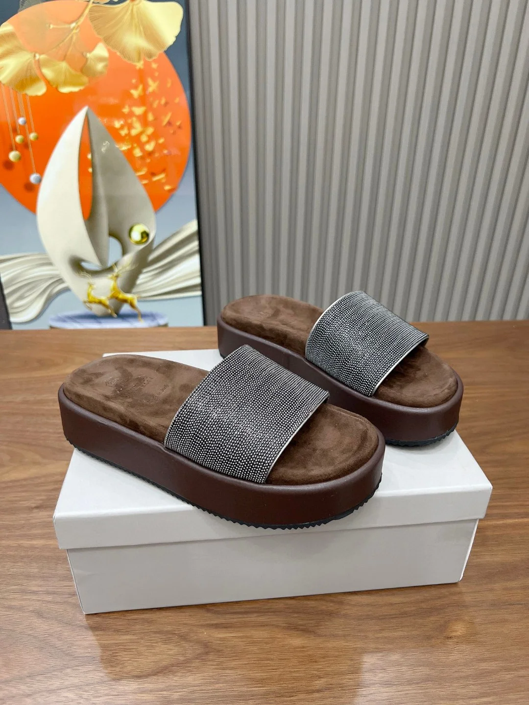 Brunello Cucinelli Brown Platform Slide Sandals