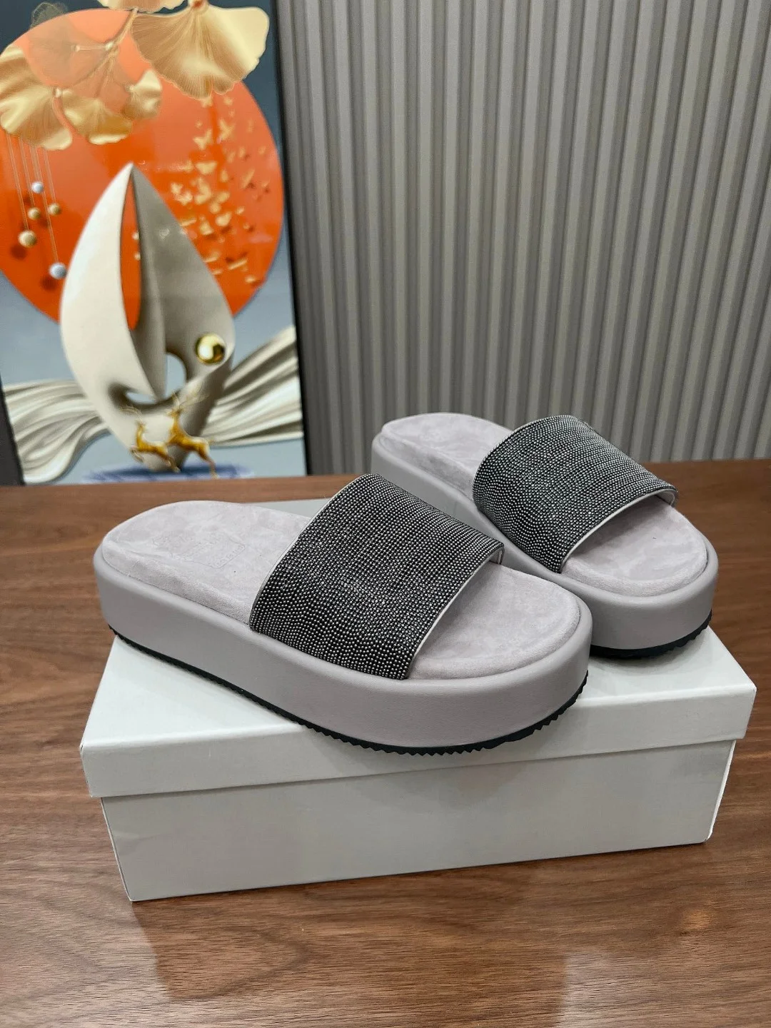 Brunello Cucinelli Grey Platform Slide Sandals 
