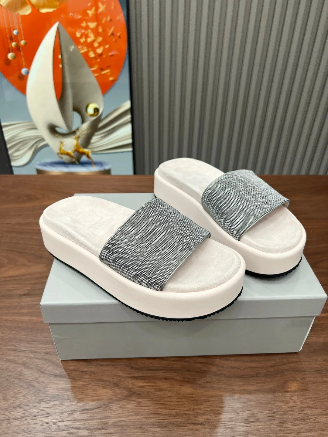 Brunello Cucinelli White Platform Slide Sandals with Silver Strap