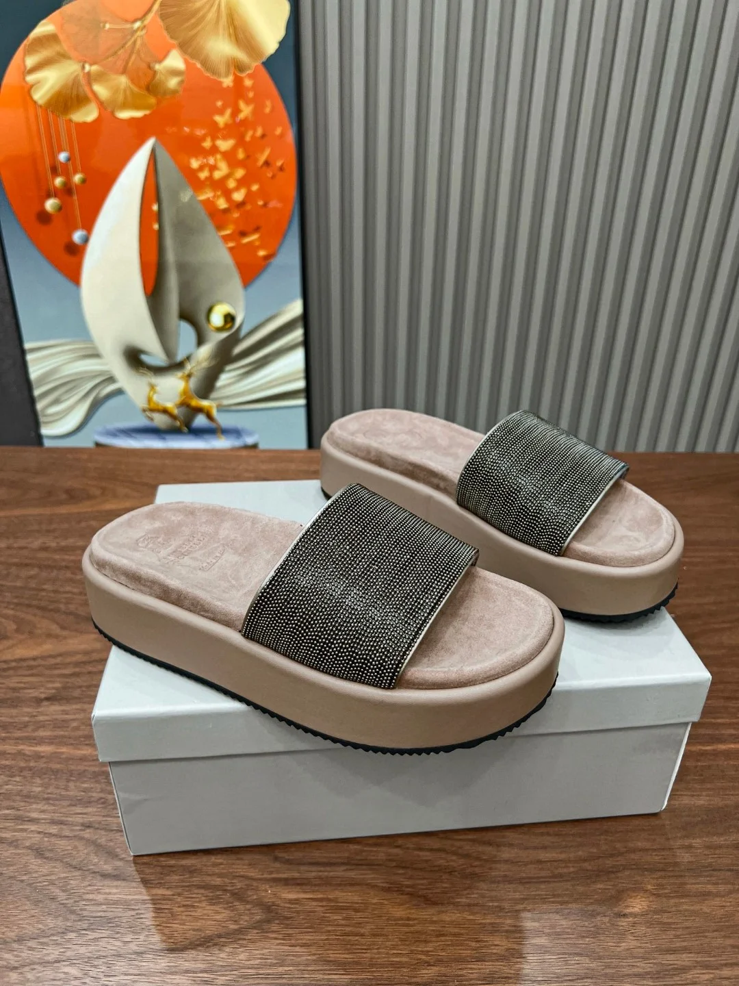 Brunello Cucinelli Beige Platform Slide Sandals with Silver Strap