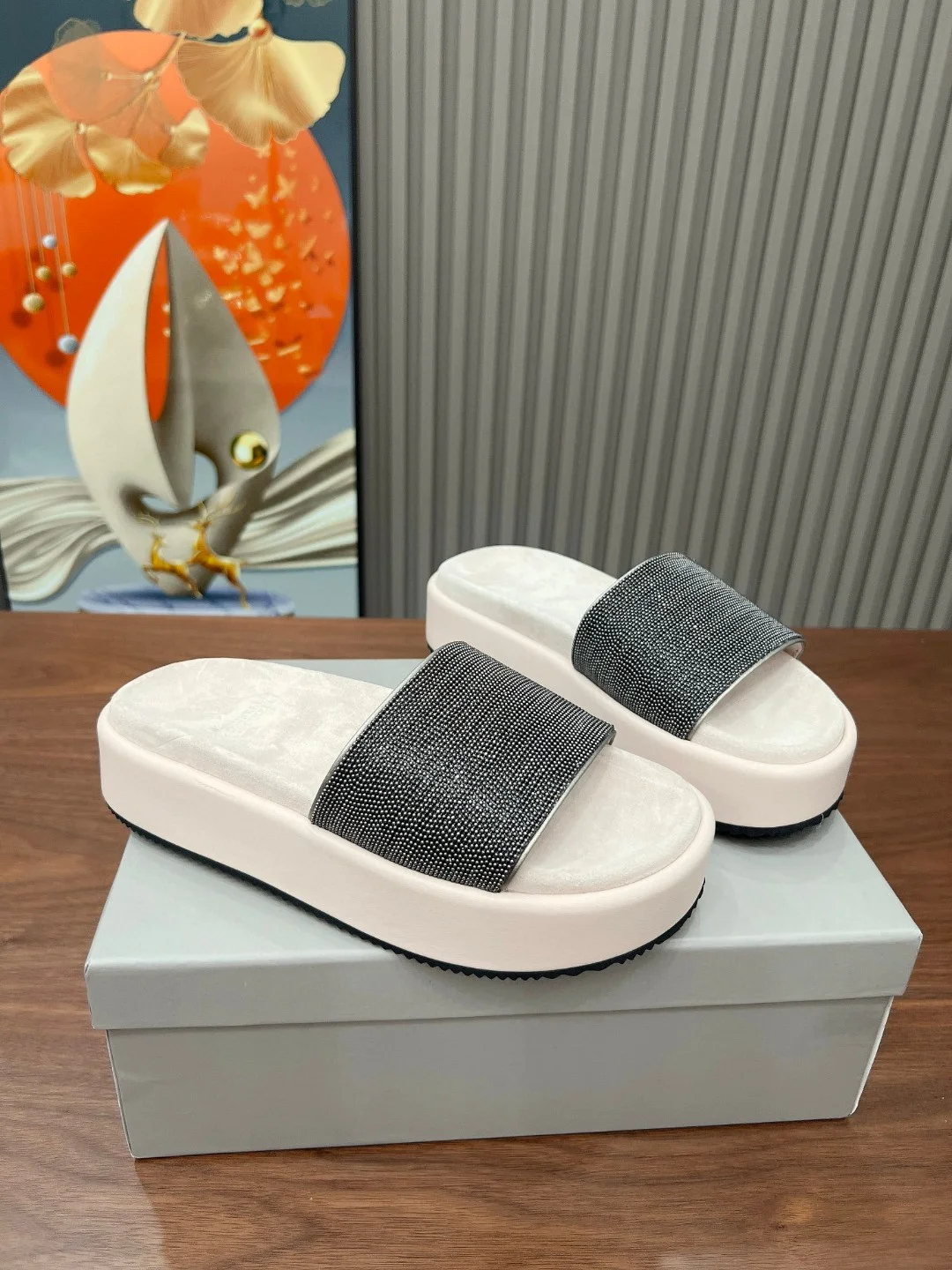 Brunello Cucinelli Crystal-Embellished Platform Slides – Black