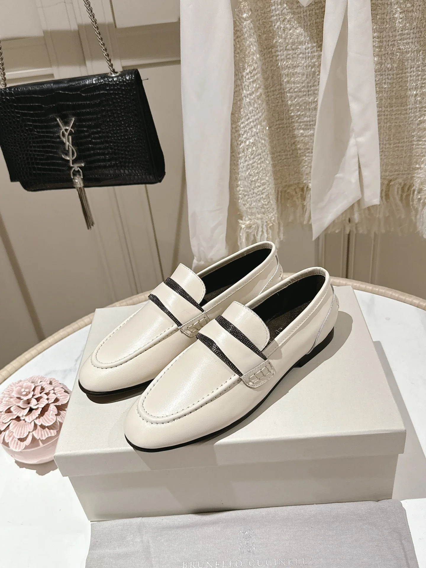 Brunello Cucinelli White Leather Slip-On Loafers