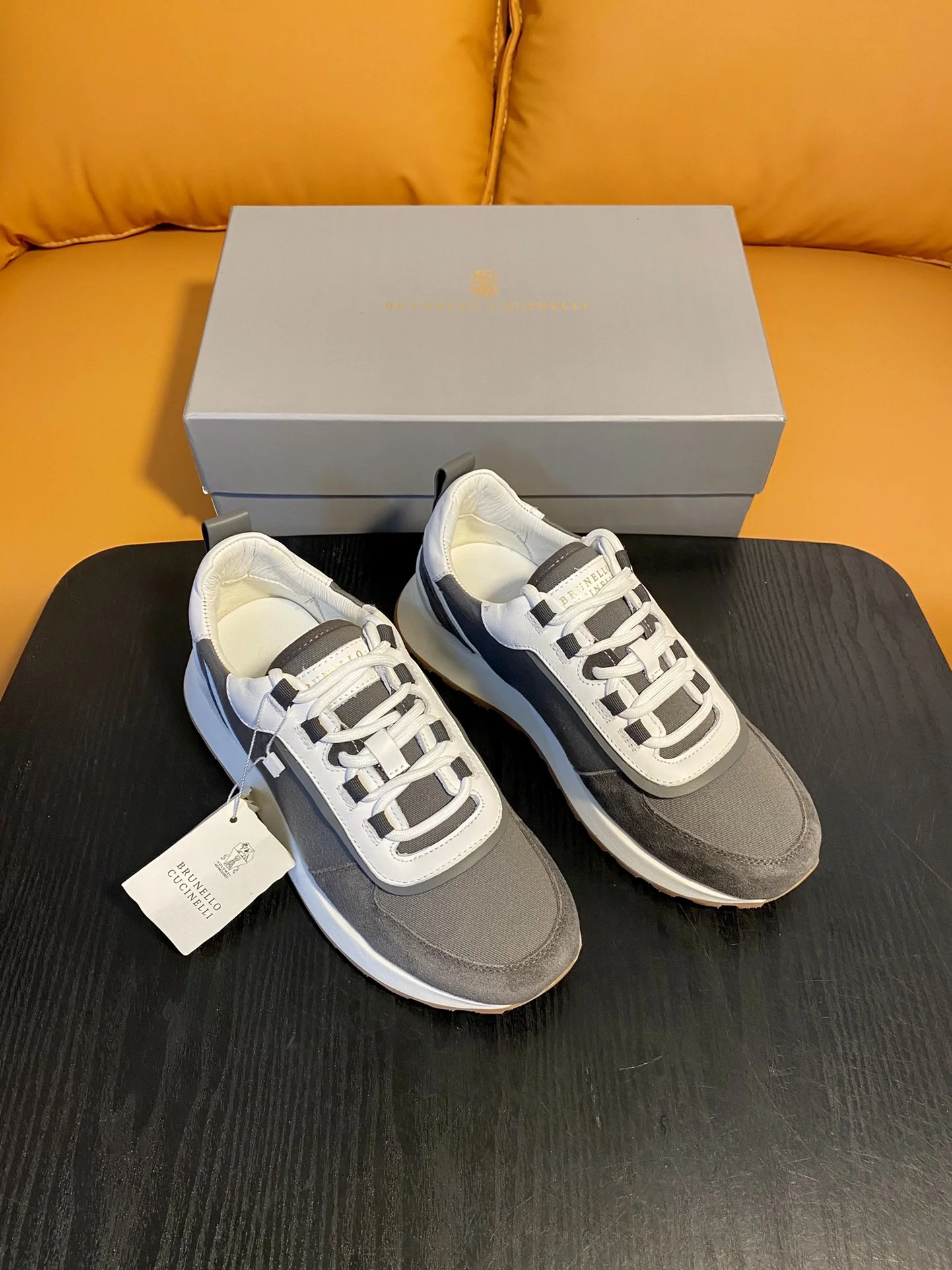 Brunello Cucinelli Grey & White Mixed-Material Sneakers