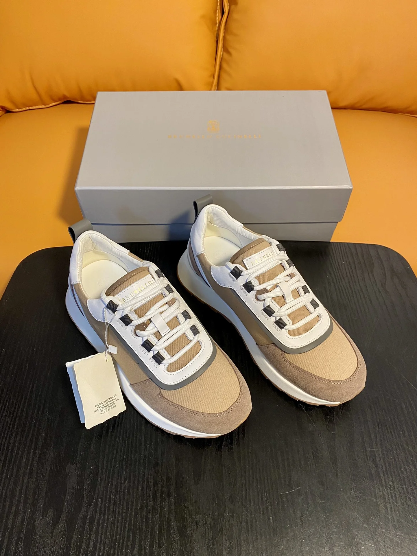 Brunello Cucinelli Beige Suede & Canvas Running Sneakers 