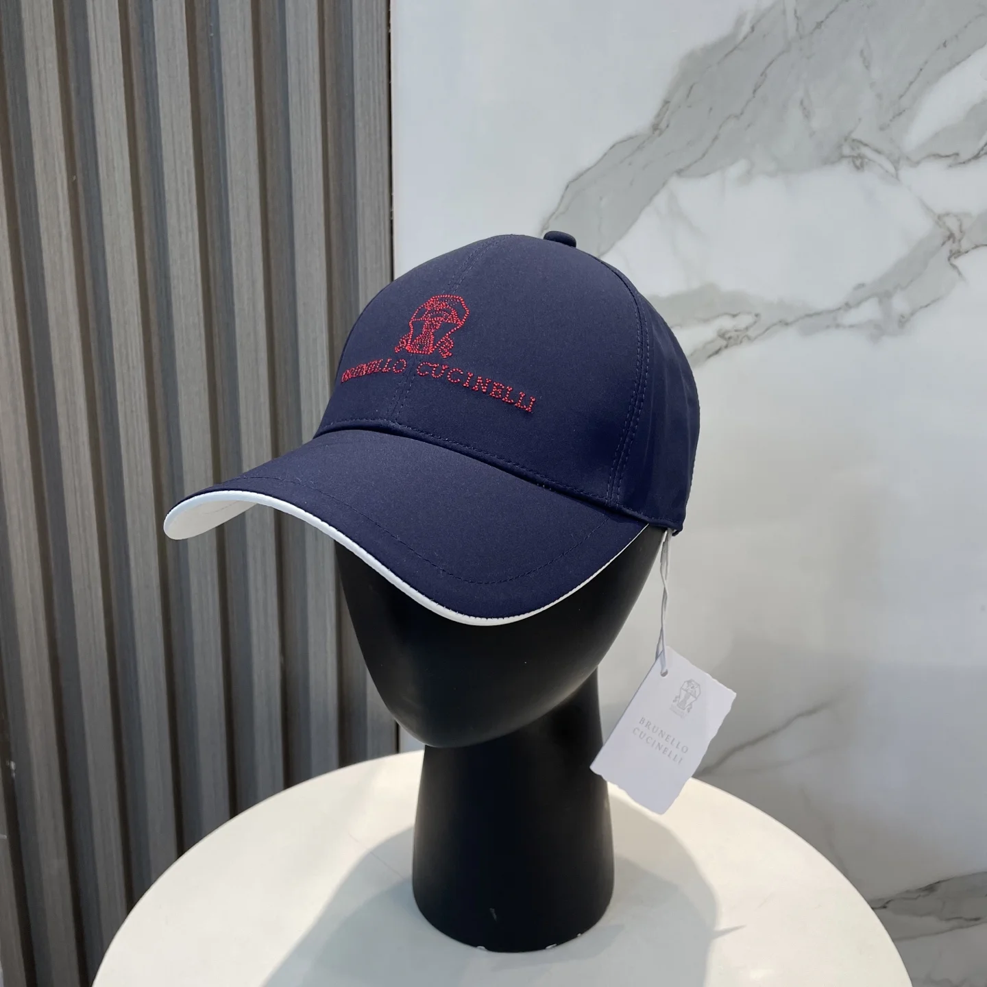 Brunello Cucinelli Unisex Navy Baseball Cap with Red Embroidered Logo