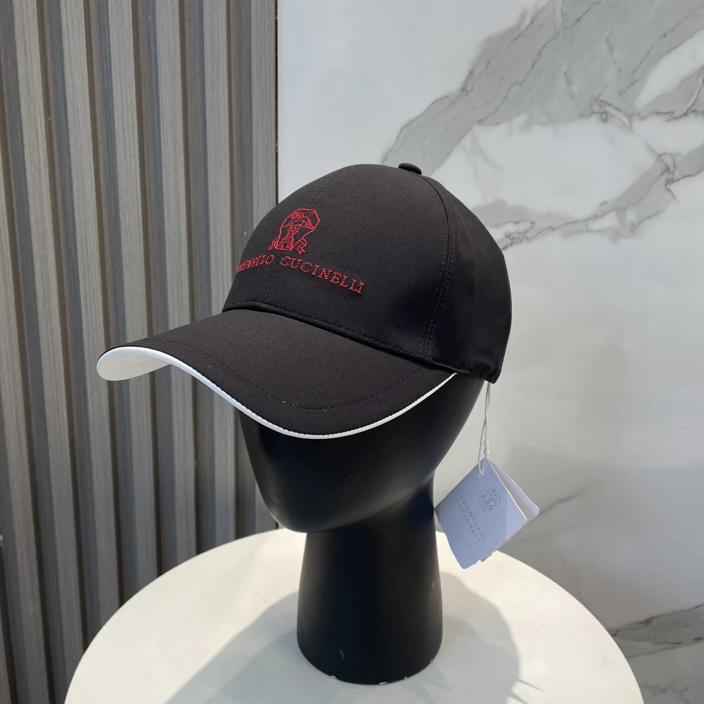 Brunello Cucinelli Unisex Black Baseball Cap with Red Logo Embroidery