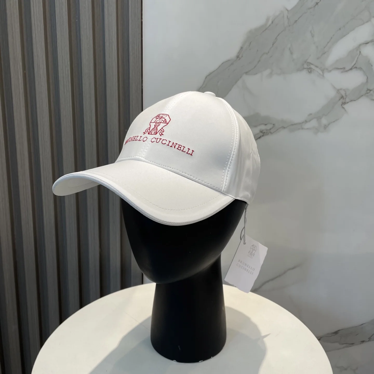 Brunello Cucinelli Unisex White Baseball Cap with Red Logo Embroidery