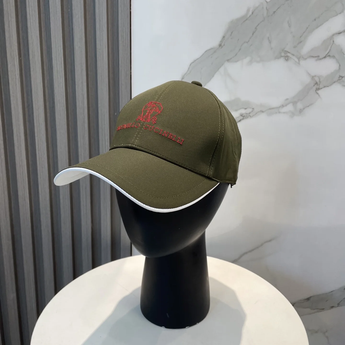Brunello Cucinelli Unisex Olive Green Baseball Cap with Red Embroidered Logo