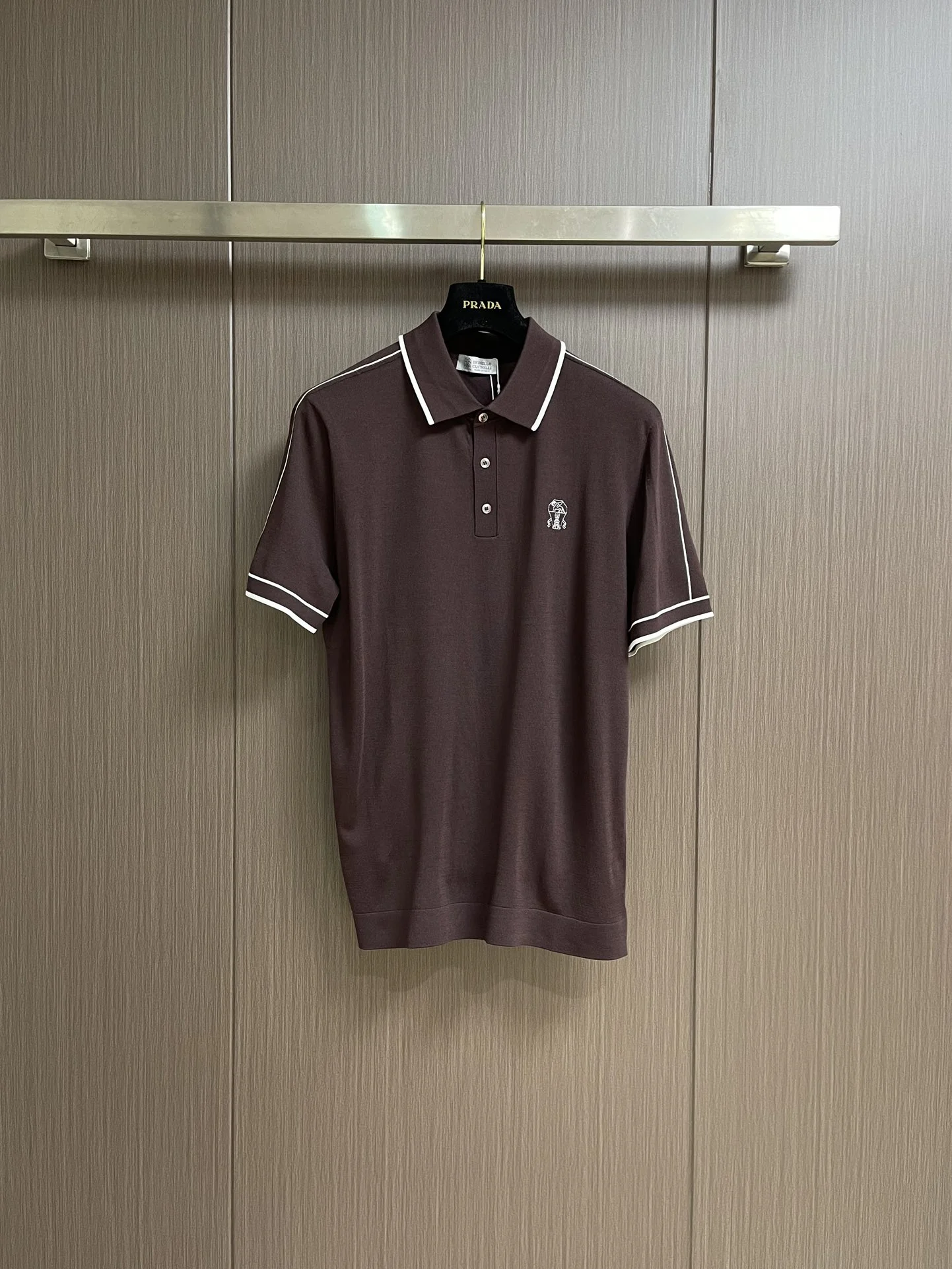 Brunello Cucinelli Brown Tipped-Collar Embroidered Logo Polo Shirt